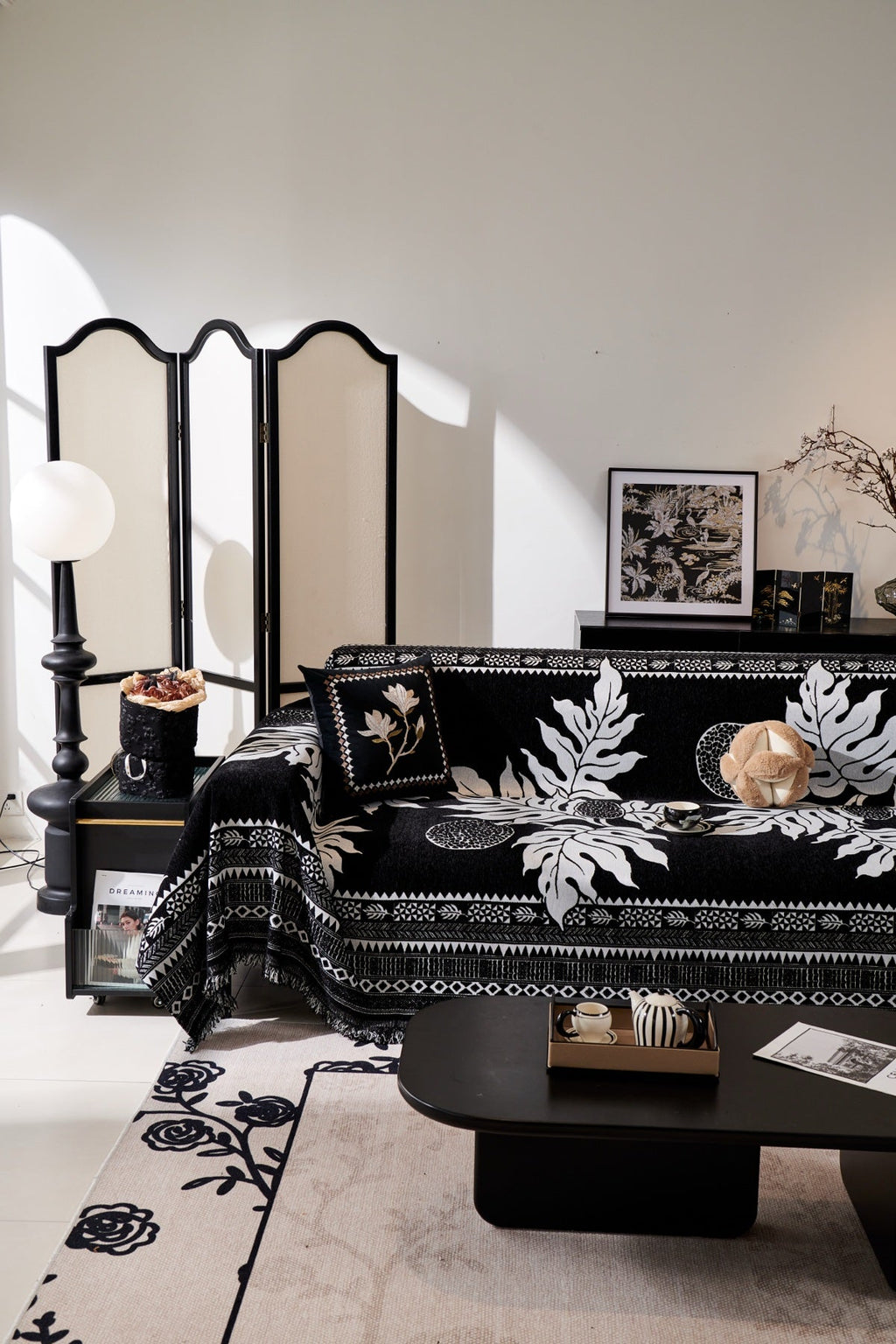 Decor Cedar Amalfi Palm Jacquard Sofa Throw Cover in Noir Palm - palm jacquard sofa throw cover styled couch cover in United States, image 39