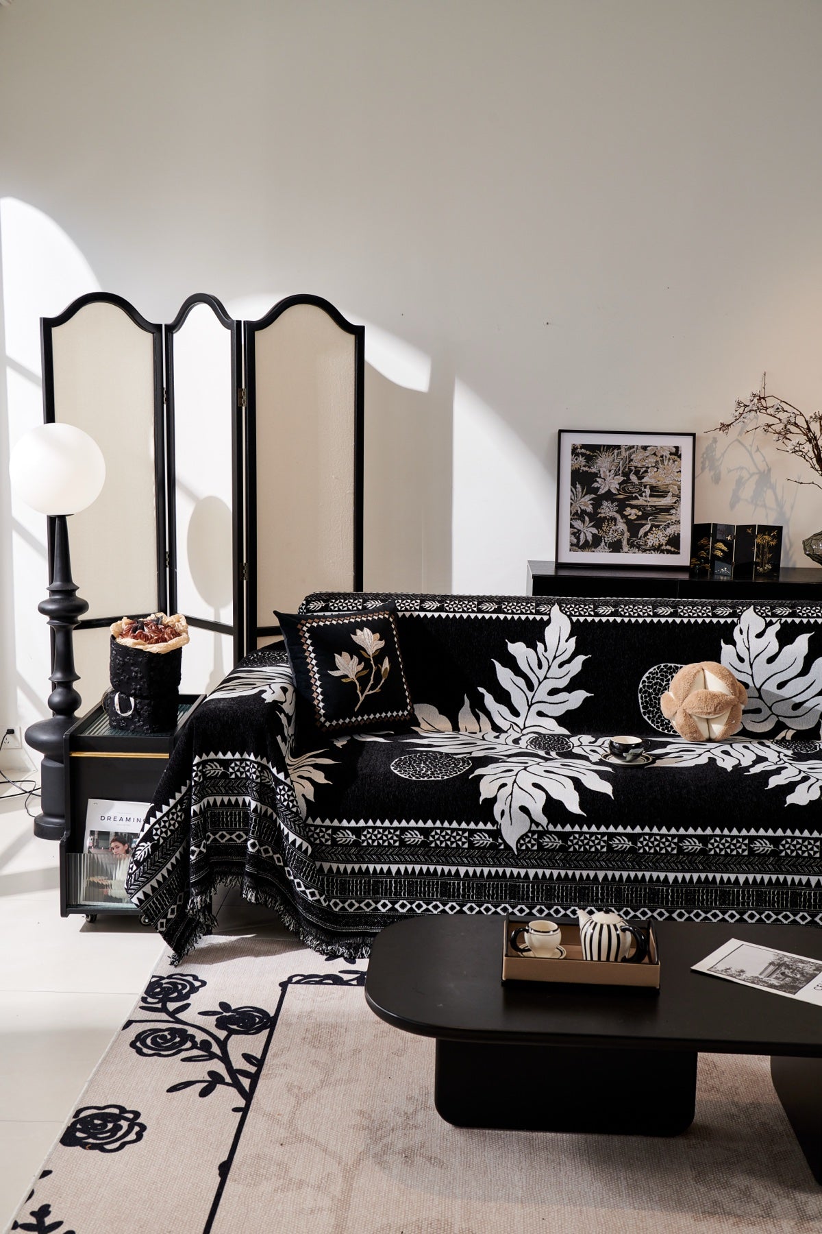 Decor Cedar Amalfi Palm Jacquard Sofa Throw Cover in Noir Palm - palm jacquard sofa throw cover styled couch cover in United States, image 39