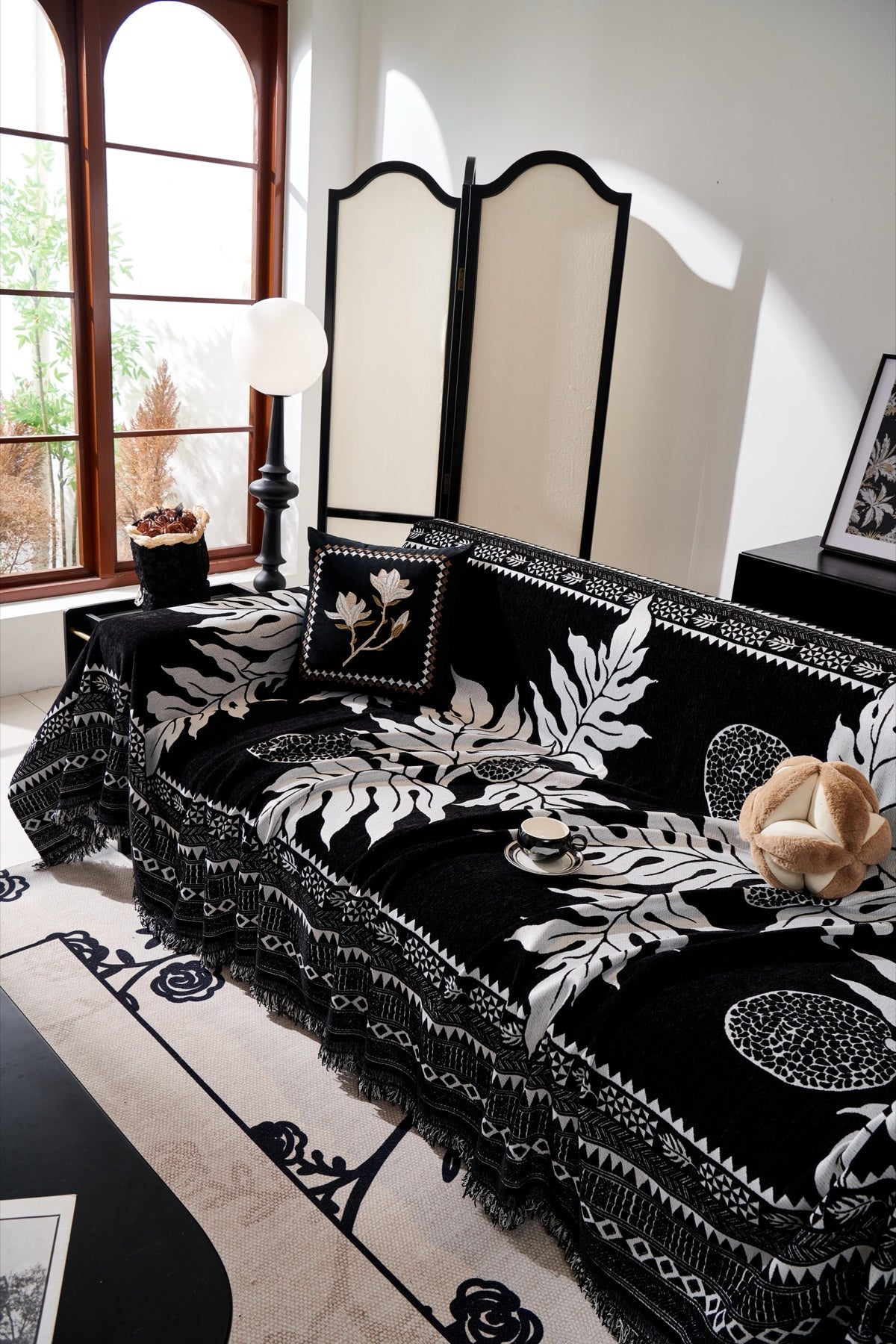 Decor Cedar Amalfi Palm Jacquard Sofa Throw Cover in Noir Palm - palm jacquard sofa throw cover styled couch cover in United States, image 41