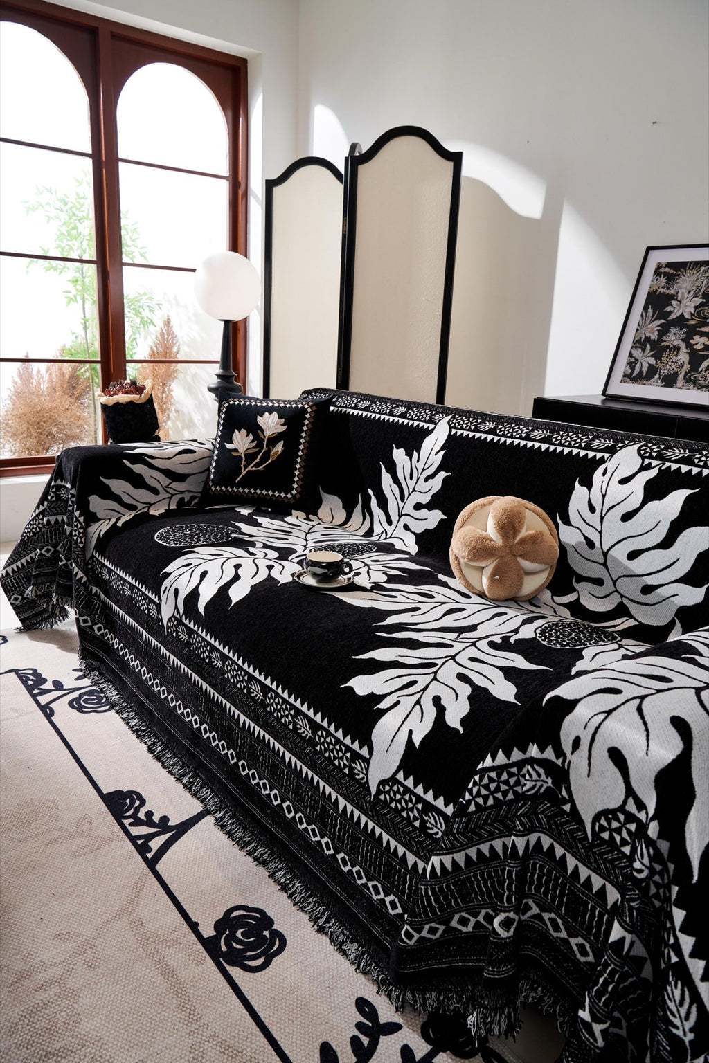 Decor Cedar Amalfi Palm Jacquard Sofa Throw Cover in Noir Palm - palm jacquard sofa throw cover styled couch cover in United States, image 44