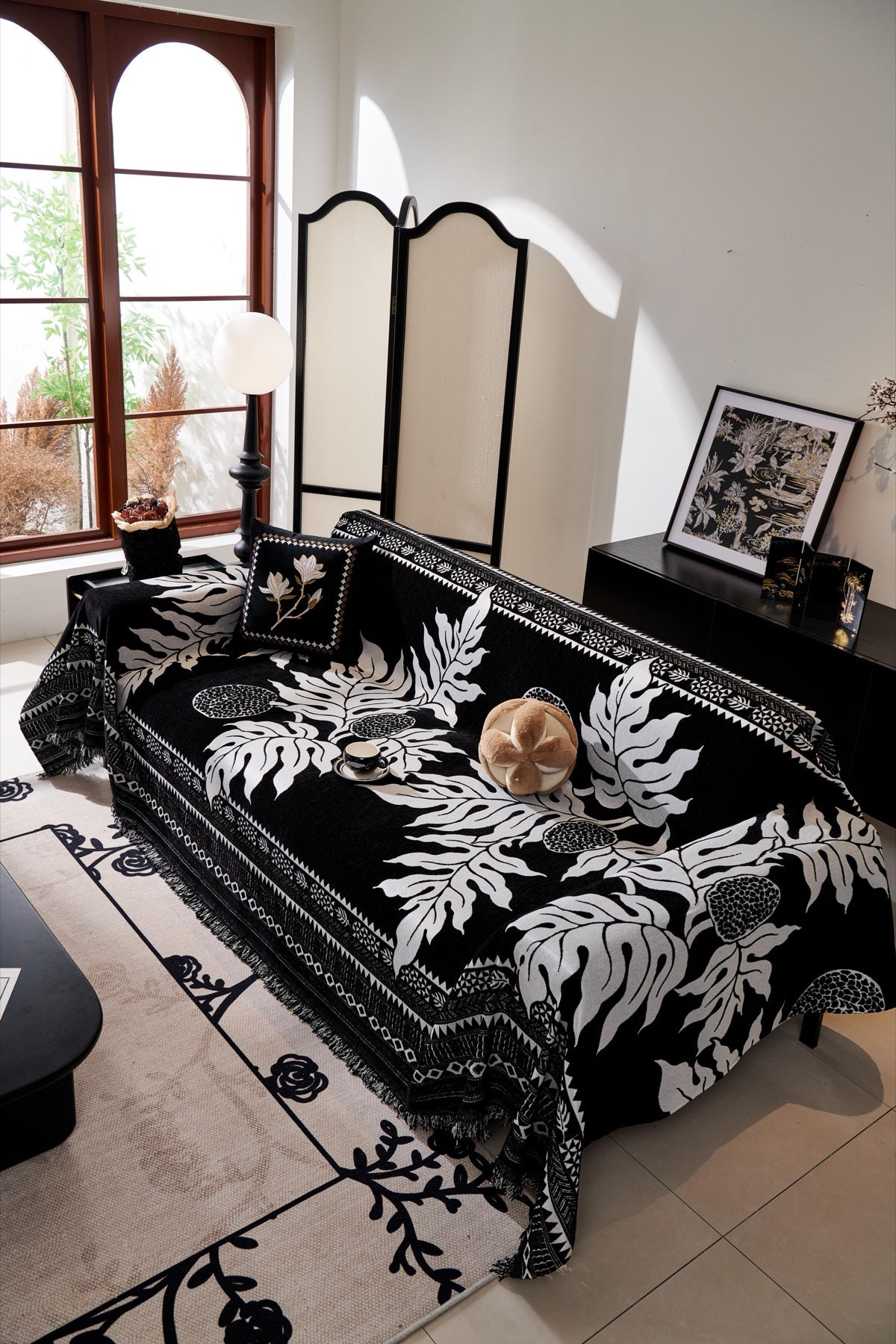 Decor Cedar Amalfi Palm Jacquard Sofa Throw Cover in Noir Palm - palm jacquard sofa throw cover styled couch cover in United States, image 45