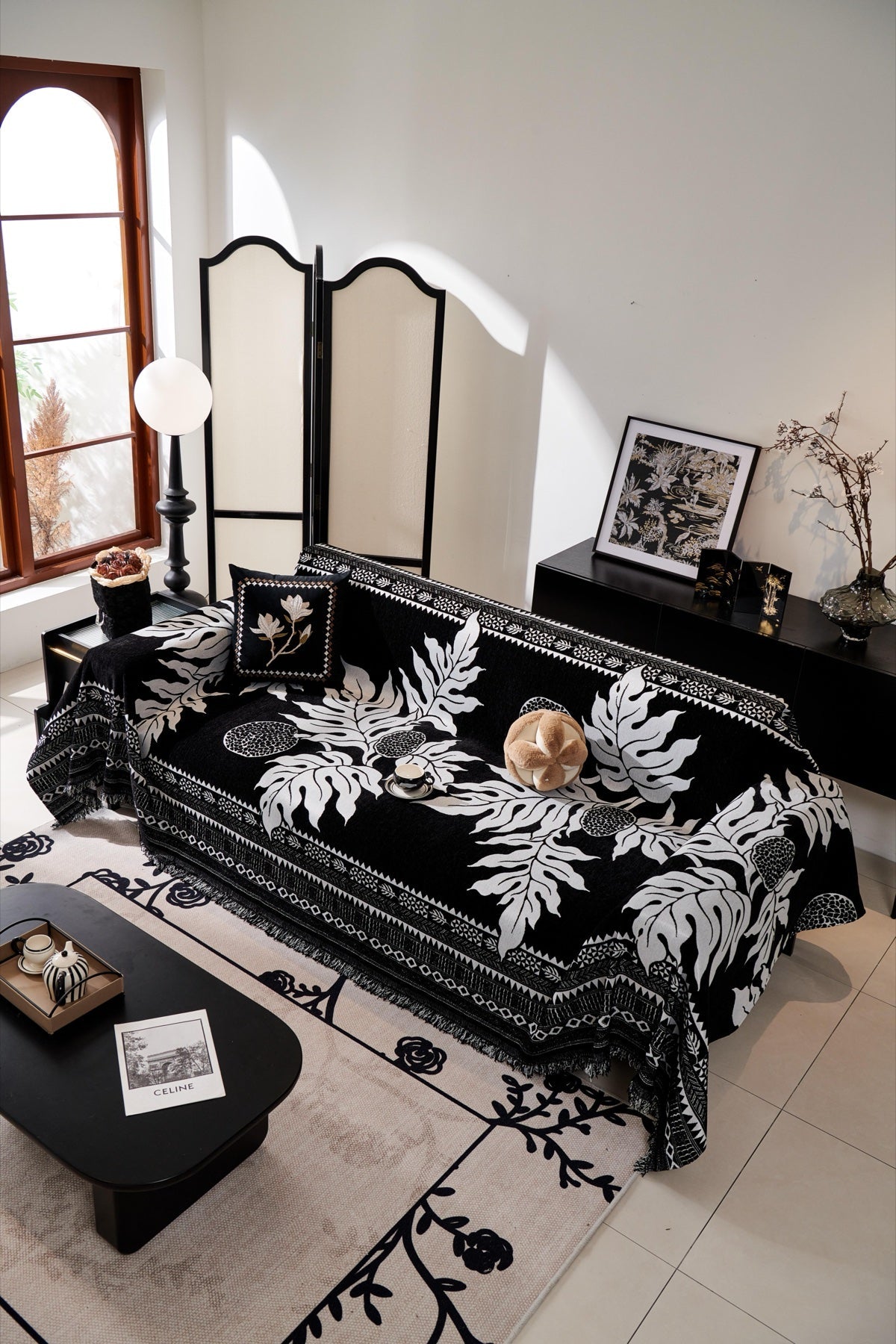 Decor Cedar Amalfi Palm Jacquard Sofa Throw Cover in Noir Palm - palm jacquard sofa throw cover styled couch cover in United States, image 46