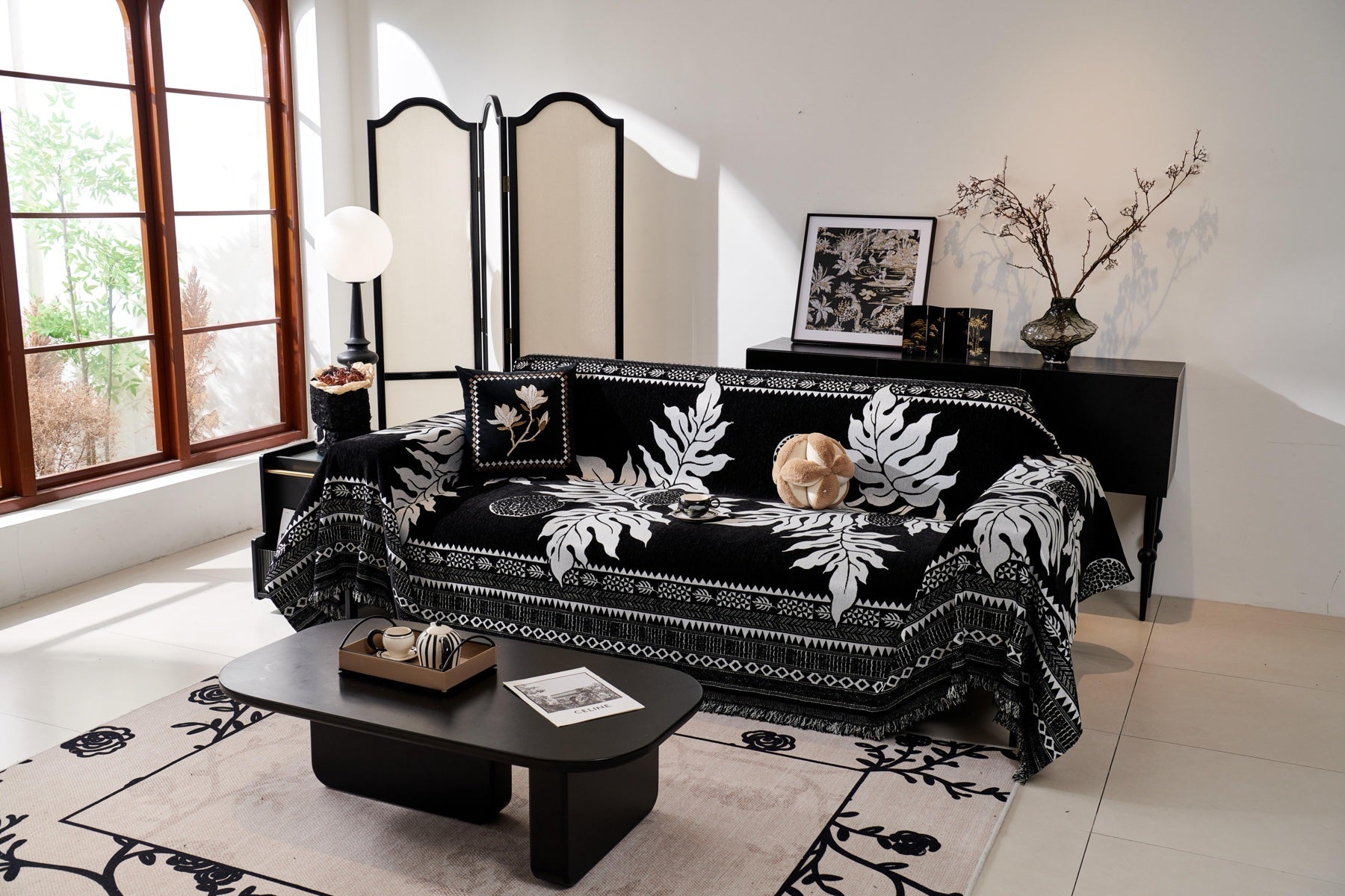 Decor Cedar Amalfi Palm Jacquard Sofa Throw Cover in Noir Palm - palm jacquard sofa throw cover full sofa styling in United States, image 47
