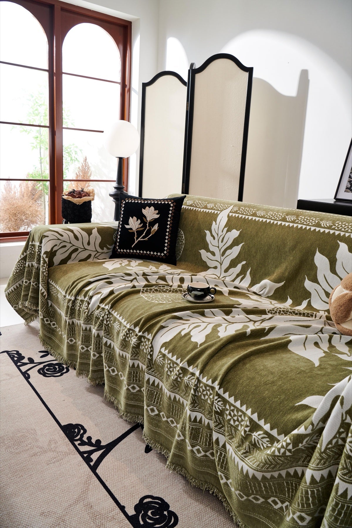 Decor Cedar Amalfi Palm Jacquard Sofa Throw Cover in Olive Palm - palm jacquard sofa throw cover styled couch cover in United States, image 52