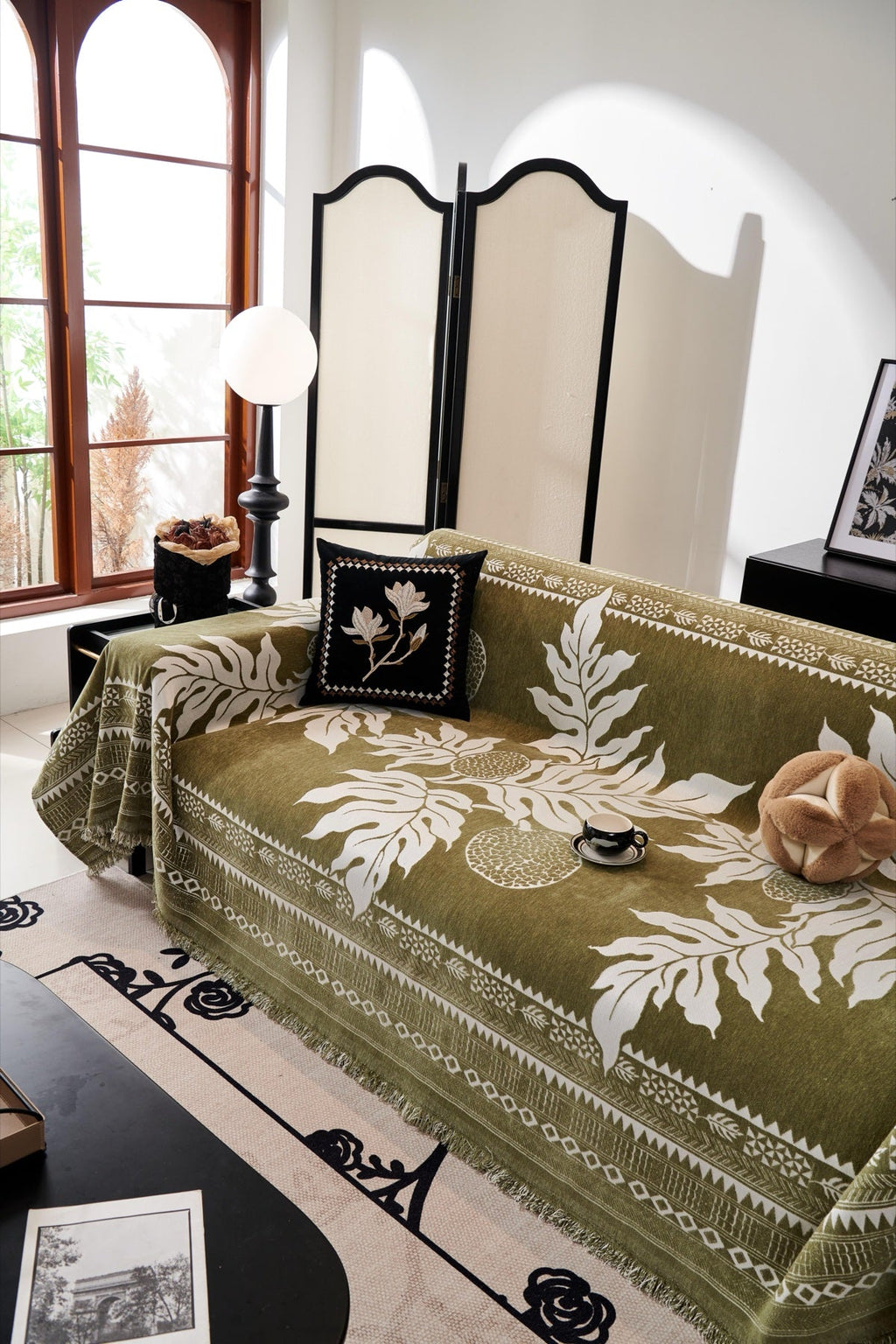 Decor Cedar Amalfi Palm Jacquard Sofa Throw Cover in Olive Palm - palm jacquard sofa throw cover styled couch cover in United States, image 53