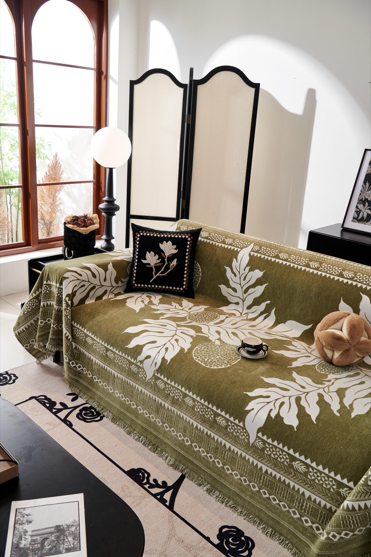 Decor Cedar Amalfi Palm Jacquard Sofa Throw Cover in Olive Palm - palm jacquard sofa throw cover styled couch cover in United States, image 53