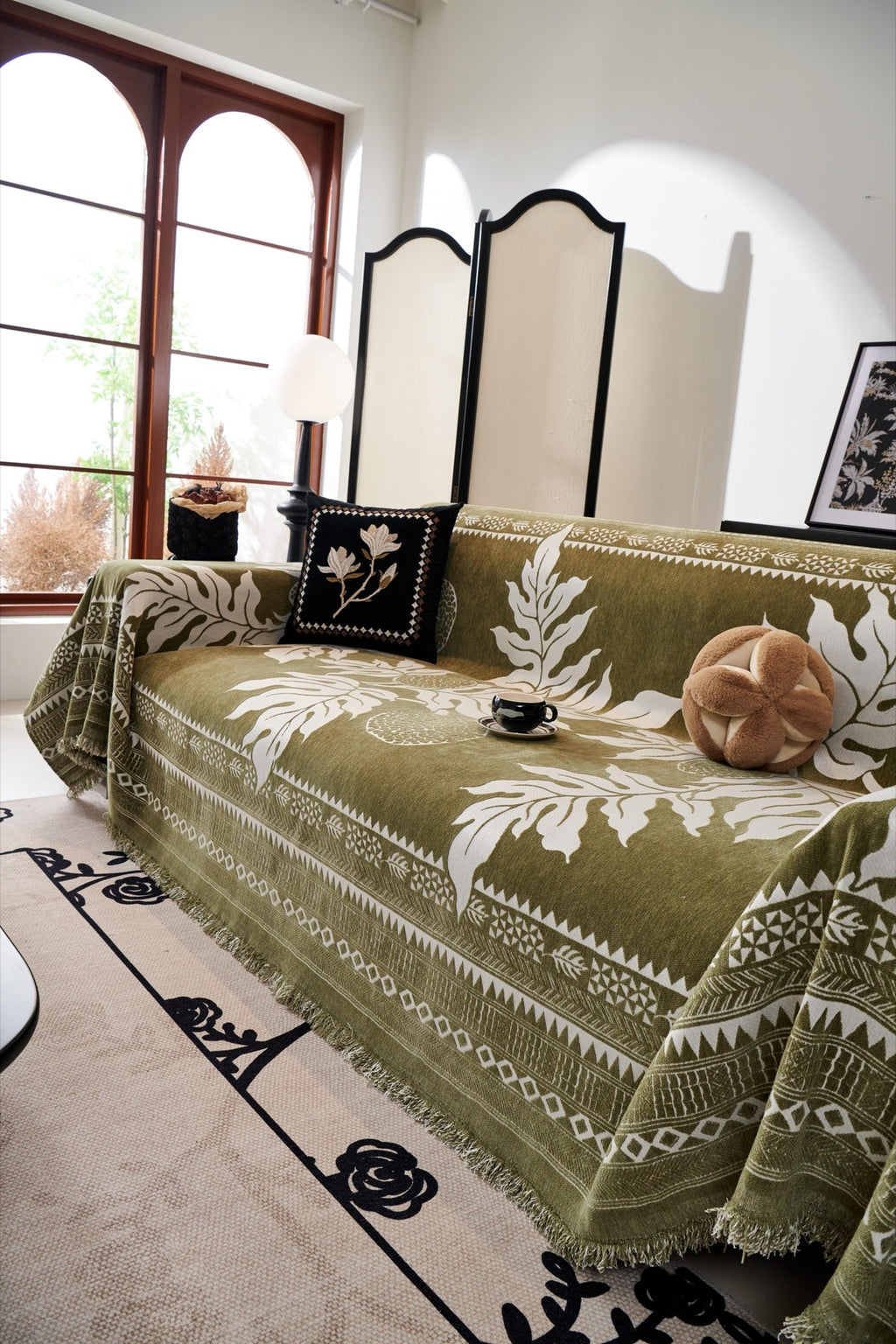 Decor Cedar Amalfi Palm Jacquard Sofa Throw Cover in Olive Palm - palm jacquard sofa throw cover styled couch cover in United States, image 54