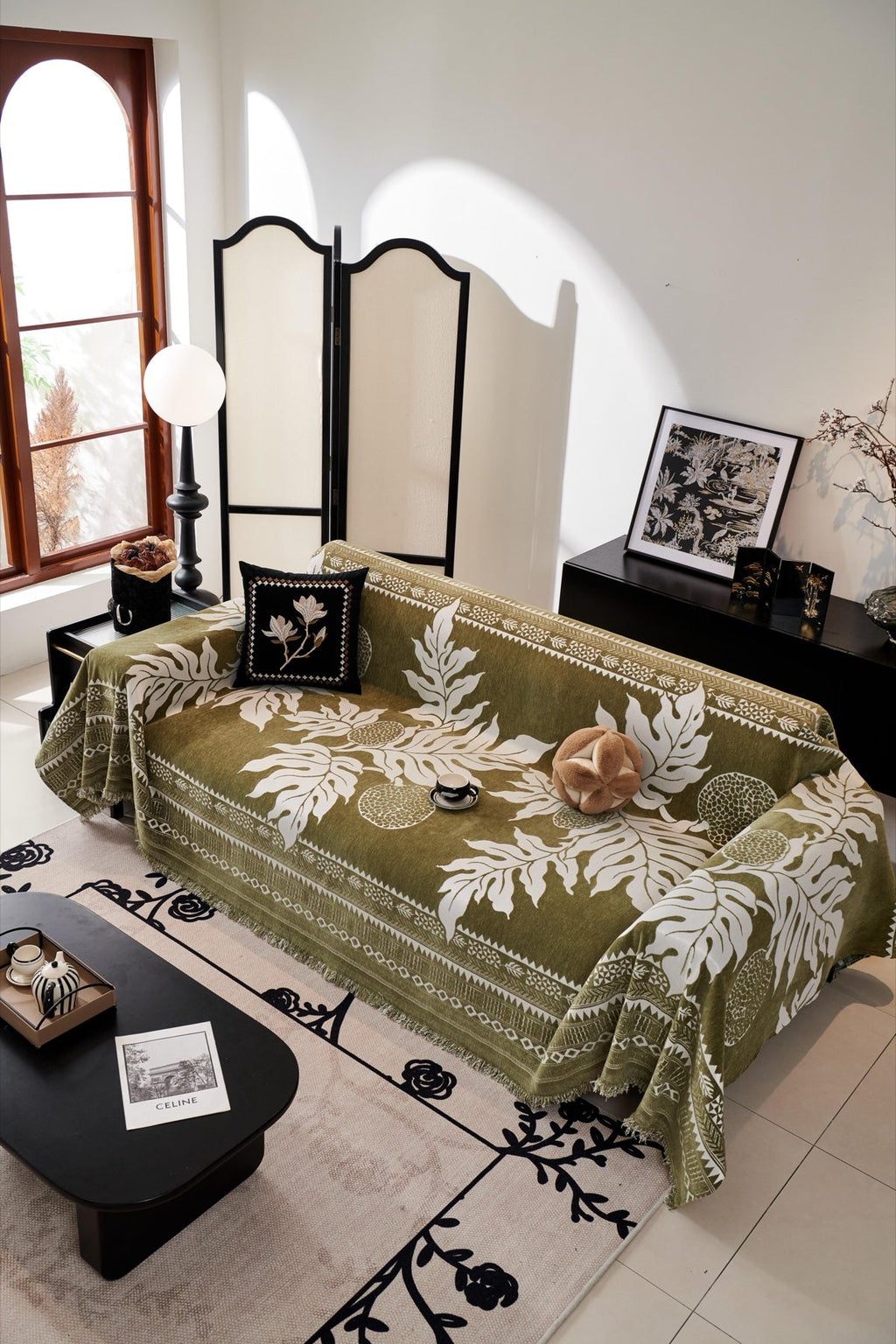 Decor Cedar Amalfi Palm Jacquard Sofa Throw Cover in Olive Palm - palm jacquard sofa throw cover styled couch cover in United States, image 55