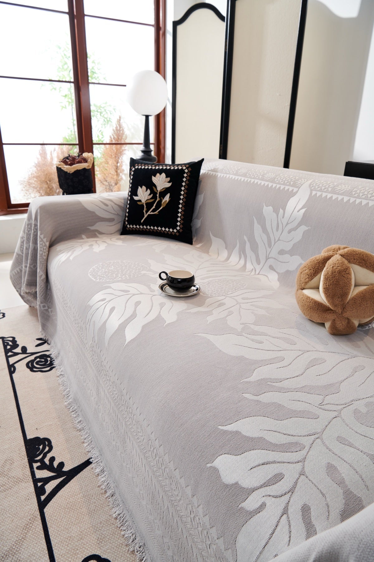 Decor Cedar Amalfi Palm Jacquard Sofa Throw Cover in Silver Palm - palm jacquard sofa throw cover styled couch cover in United States, image 11