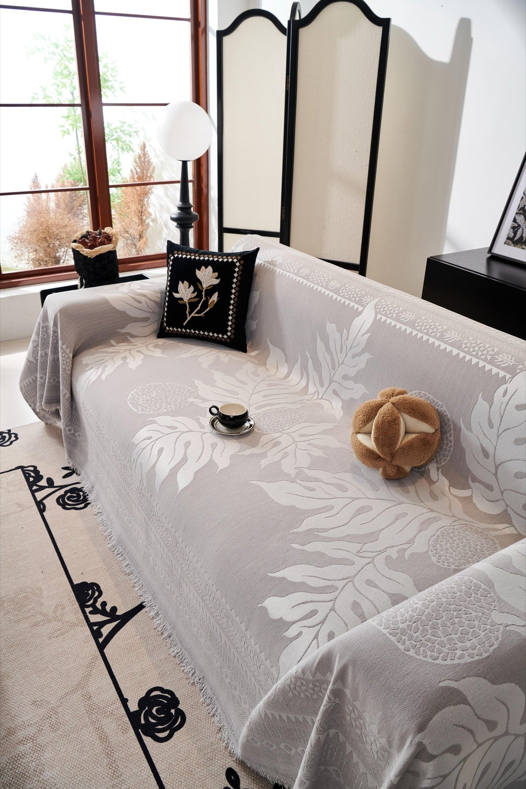 Decor Cedar Amalfi Palm Jacquard Sofa Throw Cover in Silver Palm - palm jacquard sofa throw cover styled couch cover in United States, image 13