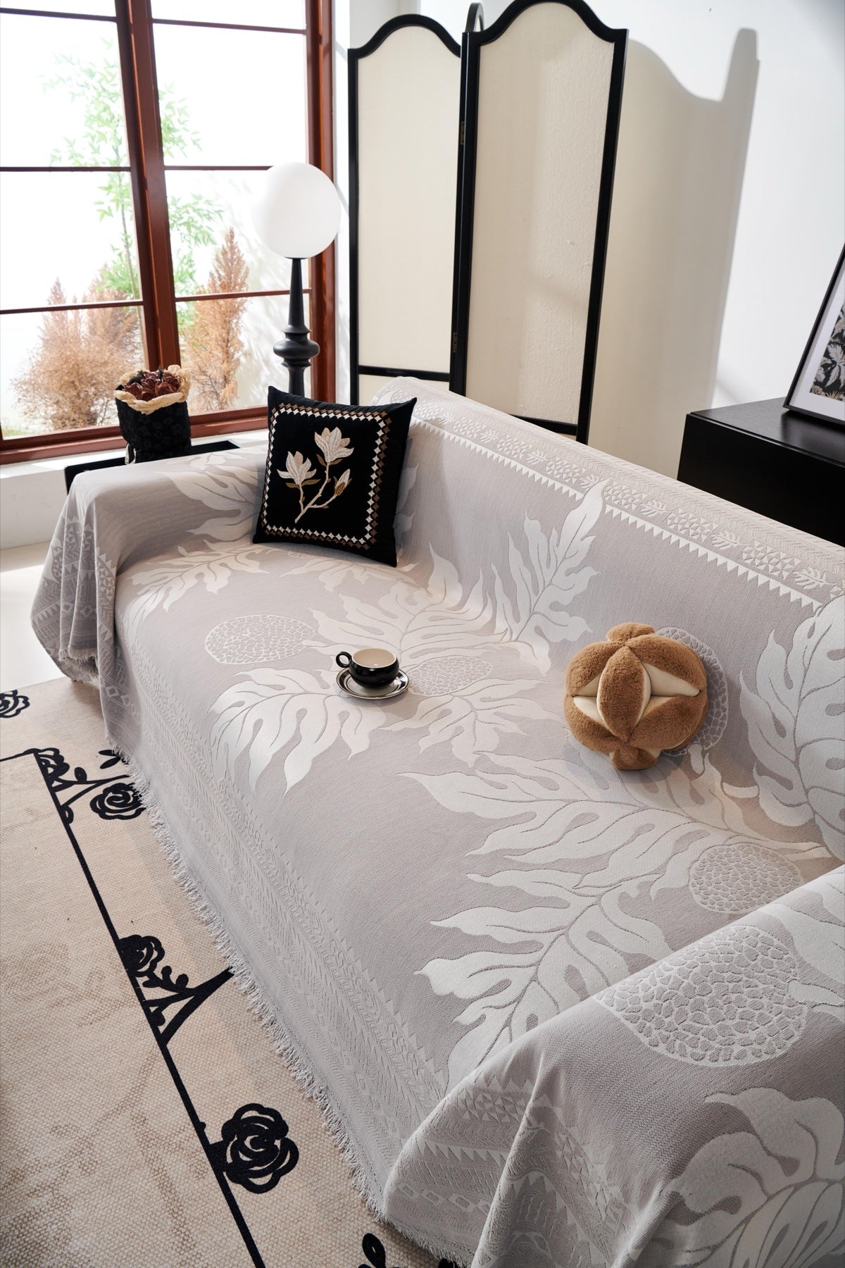 Decor Cedar Amalfi Palm Jacquard Sofa Throw Cover in Silver Palm - palm jacquard sofa throw cover styled couch cover in United States, image 13