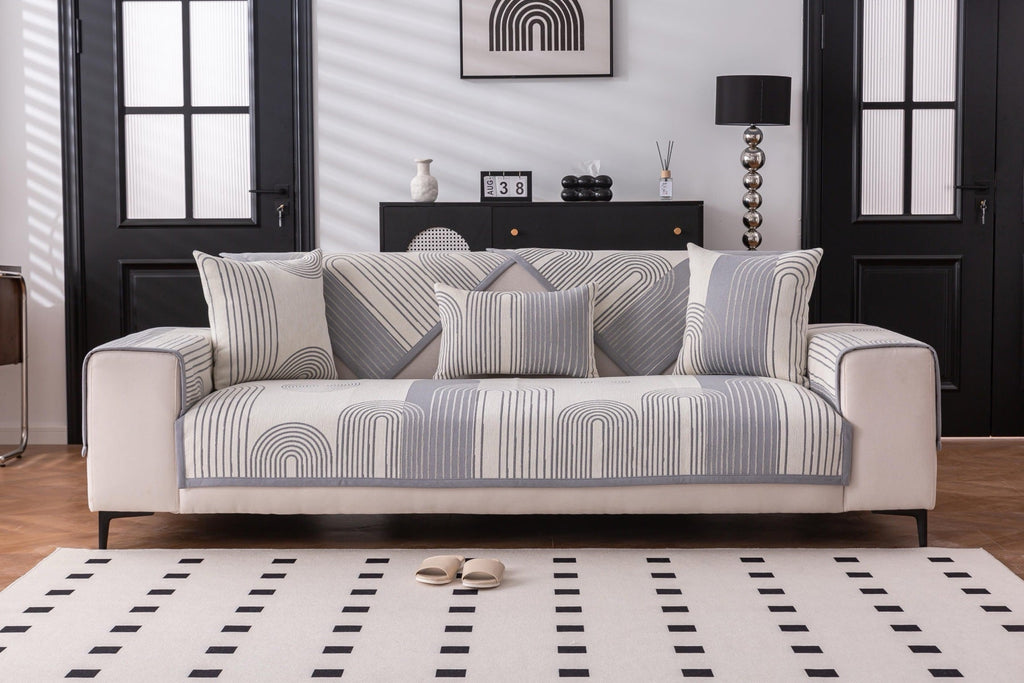 Decor Cedar Arcadia Arch Line Sofa Cover in Black Cream - styled sofa image for water resistant patterned couch covers in United States