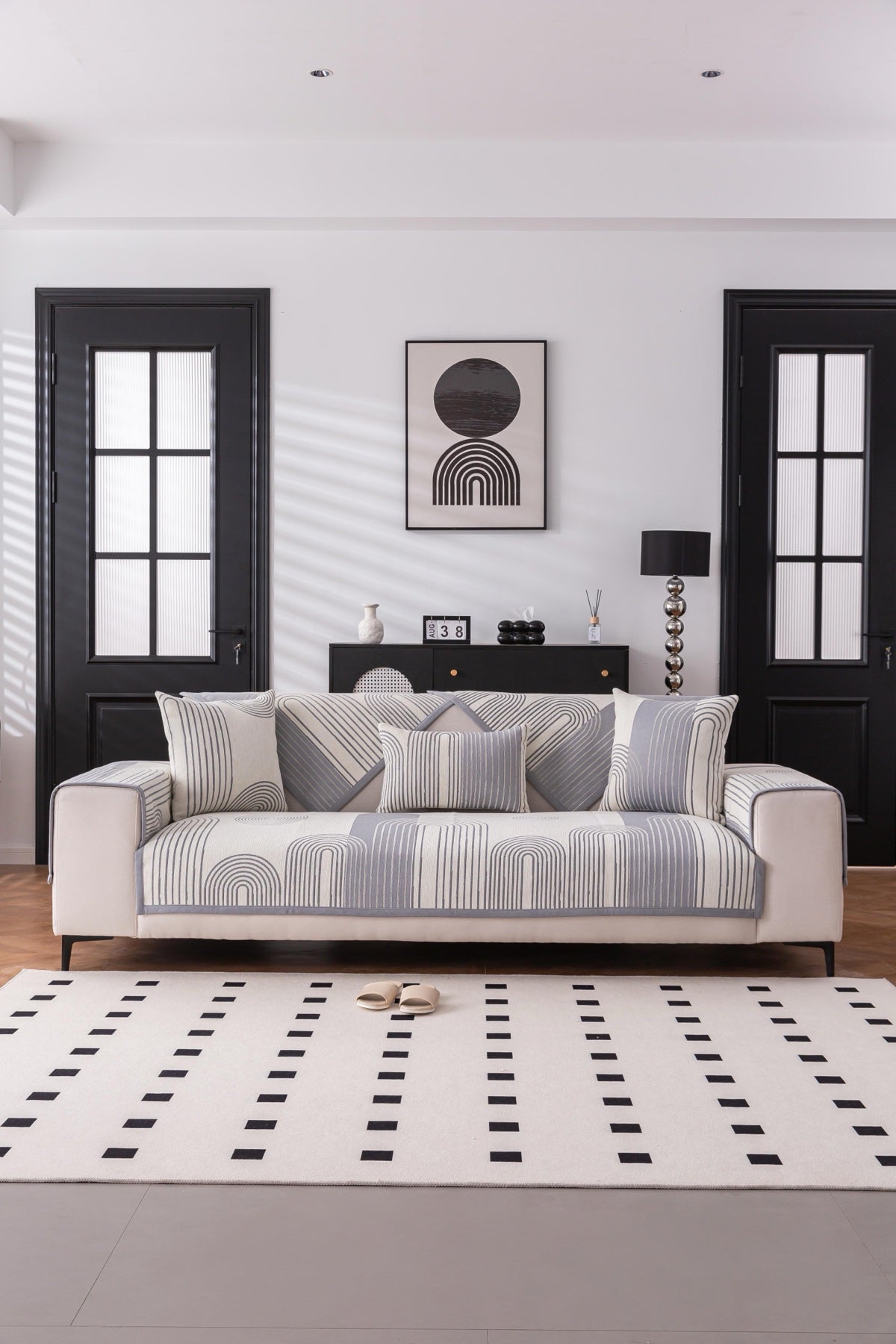 Decor Cedar Arcadia Arch Line Sofa Cover in Black Cream - styled sofa image for water resistant patterned couch covers in United States