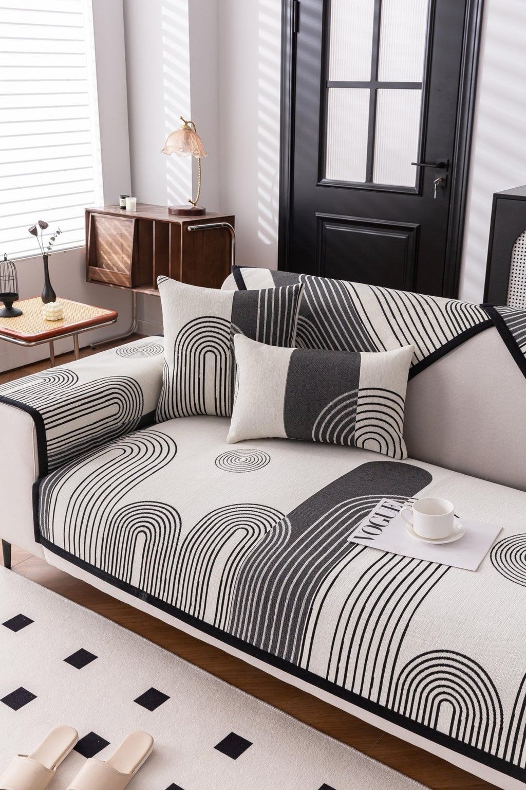 Decor Cedar Arcadia Arch Line Sofa Cover in Black Cream - styled sofa image for water resistant patterned couch covers in United States