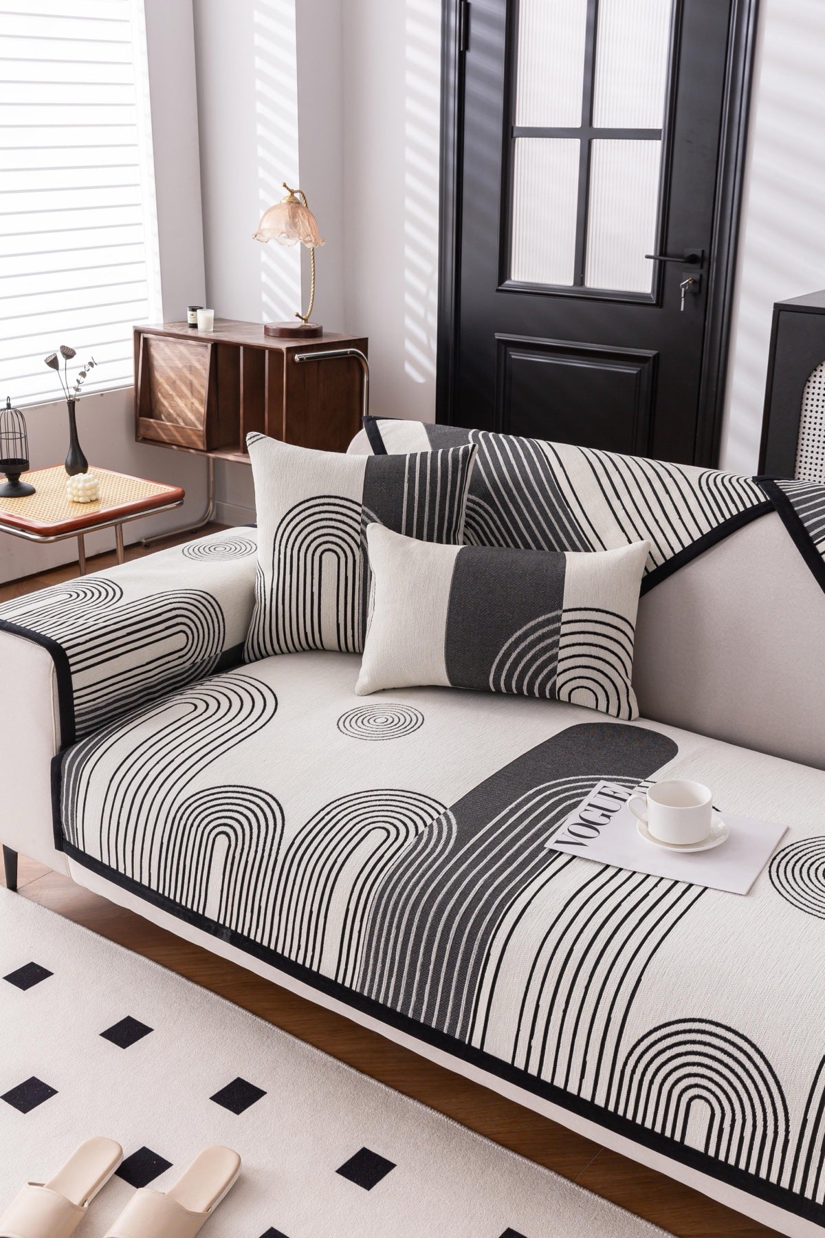 Decor Cedar Arcadia Arch Line Sofa Cover in Black Cream - styled sofa image for water resistant patterned couch covers in United States