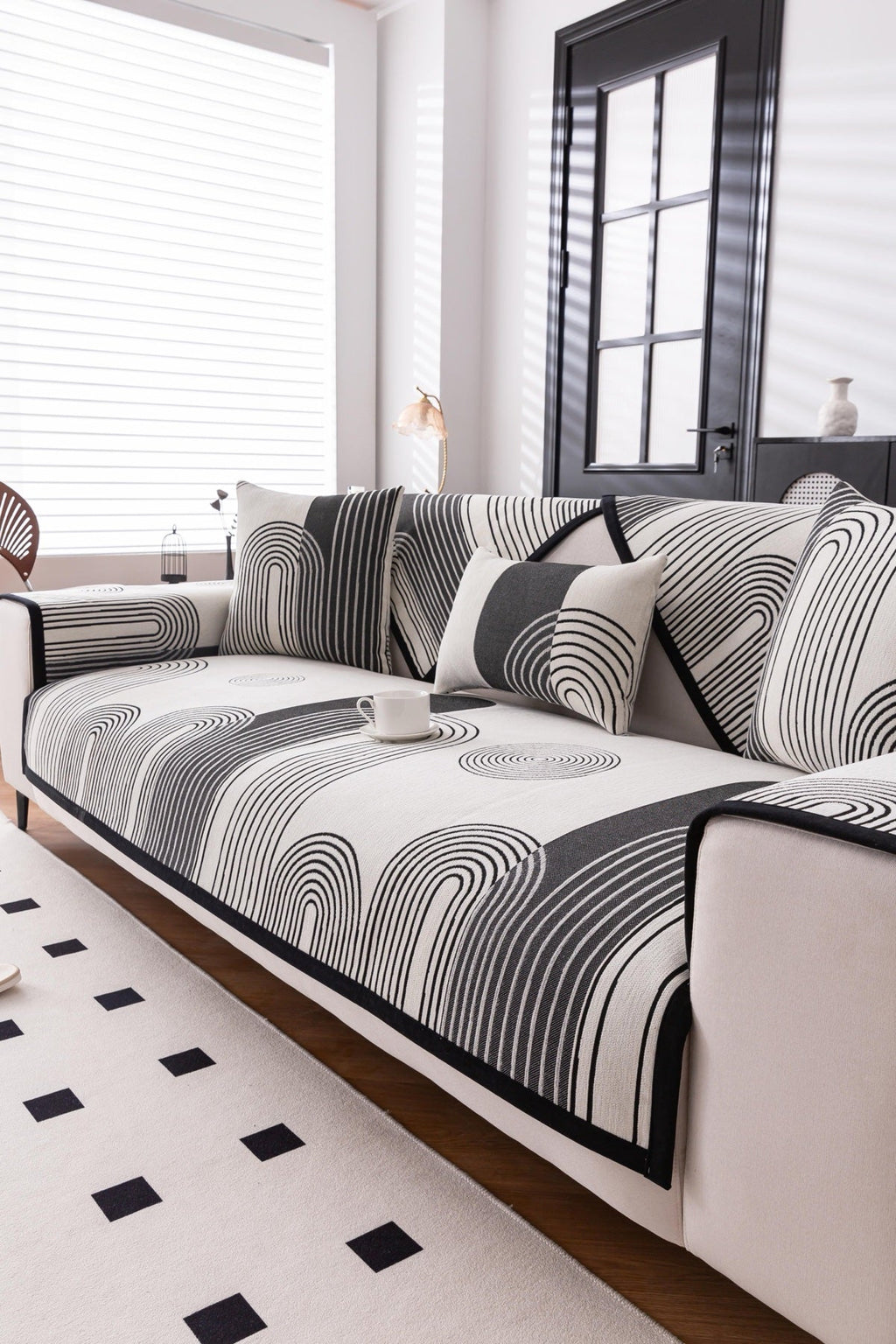 Decor Cedar Arcadia Arch Line Sofa Cover in Black Cream - styled sofa image for water resistant patterned couch covers in United States