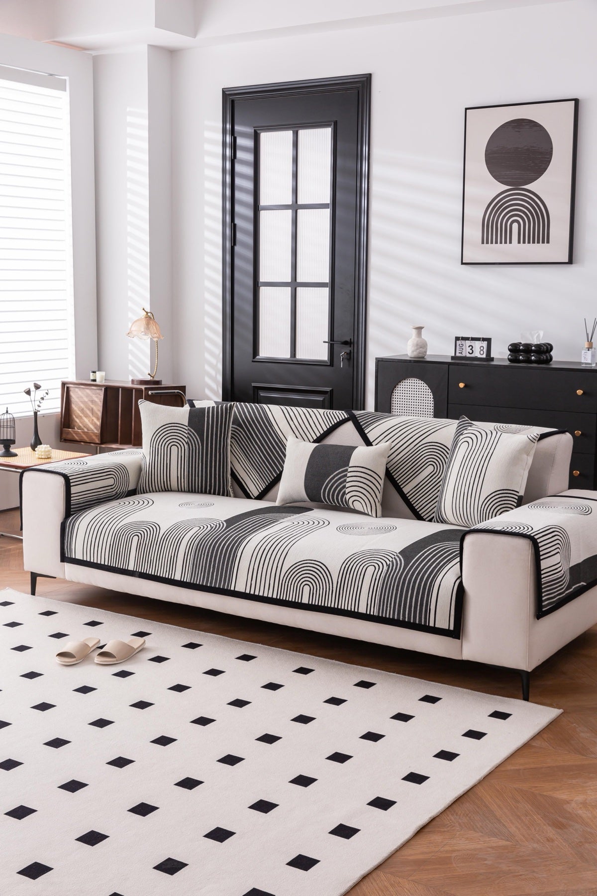 Decor Cedar Arcadia Arch Line Sofa Cover in Black Cream - styled sofa image for water resistant patterned couch covers in United States