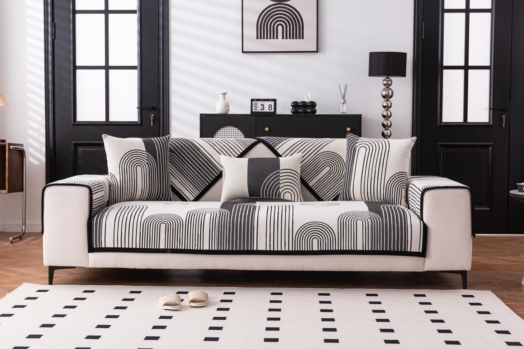 Decor Cedar Arcadia Arch Line Sofa Cover in Black Cream - styled sofa image for water resistant patterned couch covers in United States