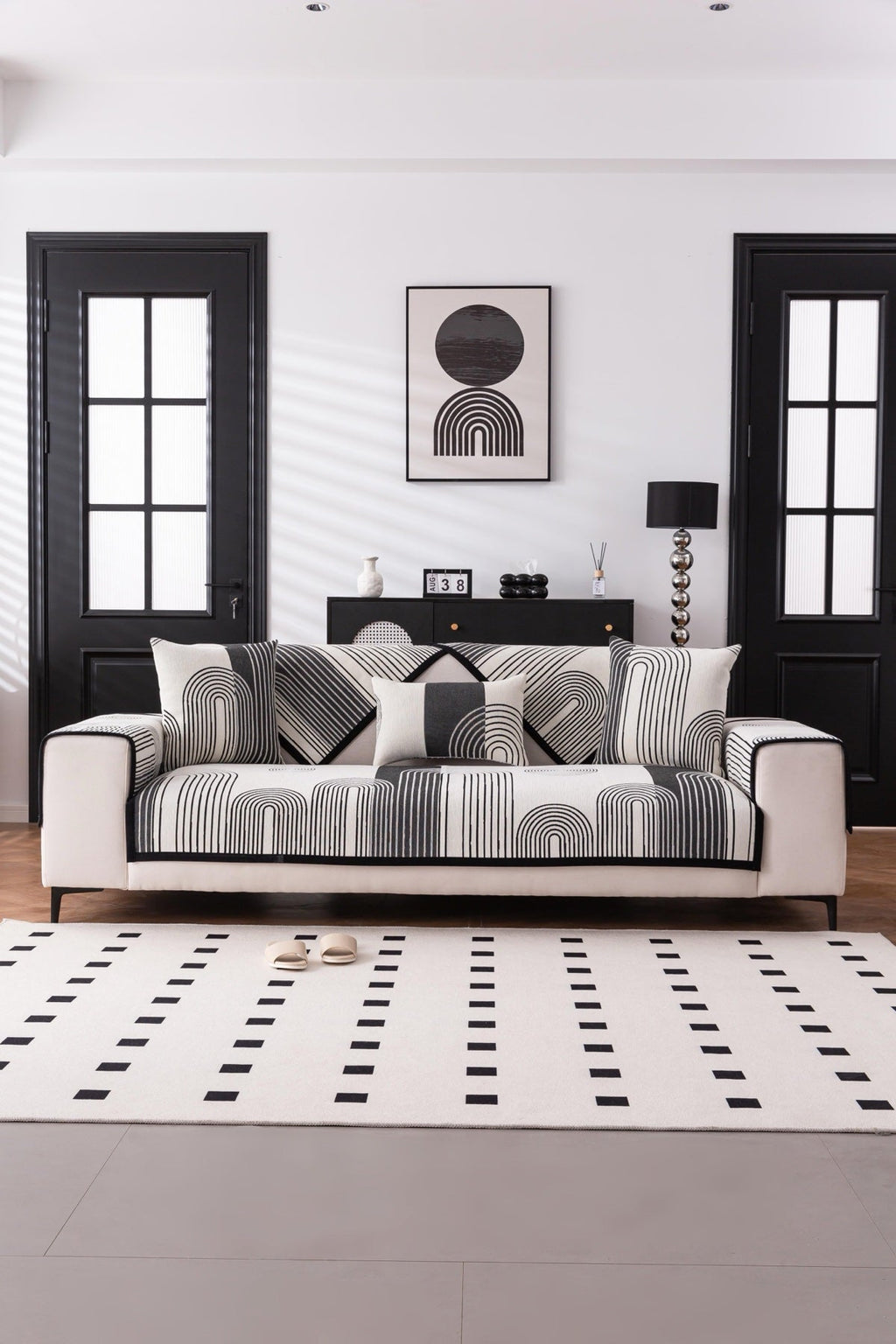 Decor Cedar Arcadia Arch Line Sofa Cover in Black Cream - styled sofa image for water resistant patterned couch covers in United States