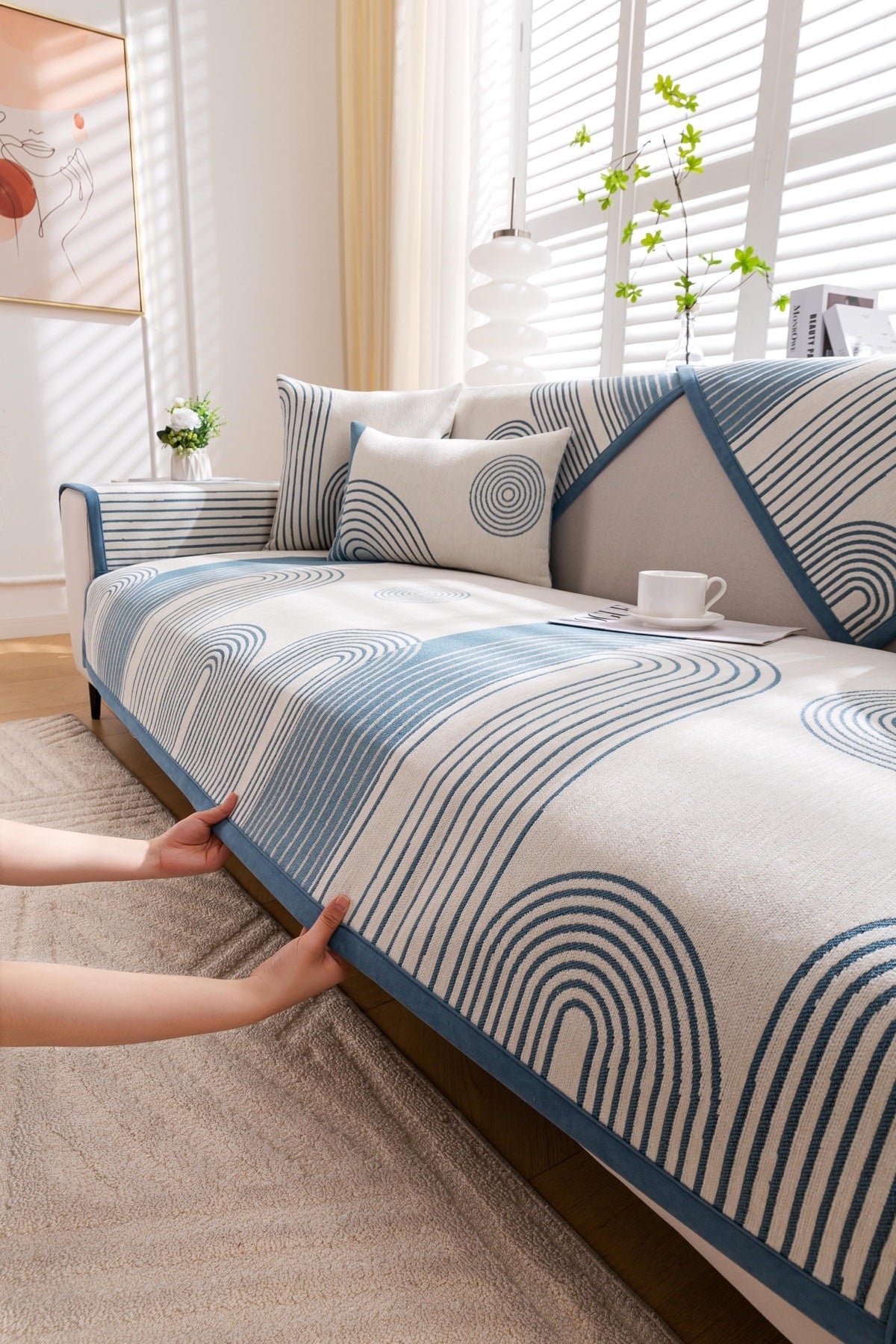 Decor Cedar Arcadia Arch Line Sofa Cover in Blue Cream - styled sofa image for water resistant patterned couch covers in United States