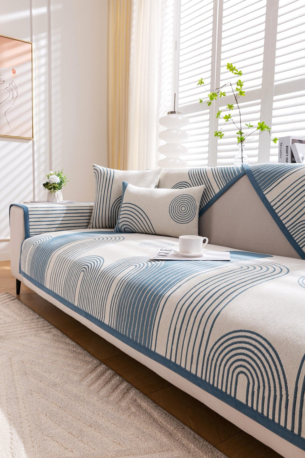 Decor Cedar Arcadia Arch Line Sofa Cover in Blue Cream - styled sofa image for water resistant patterned couch covers in United States