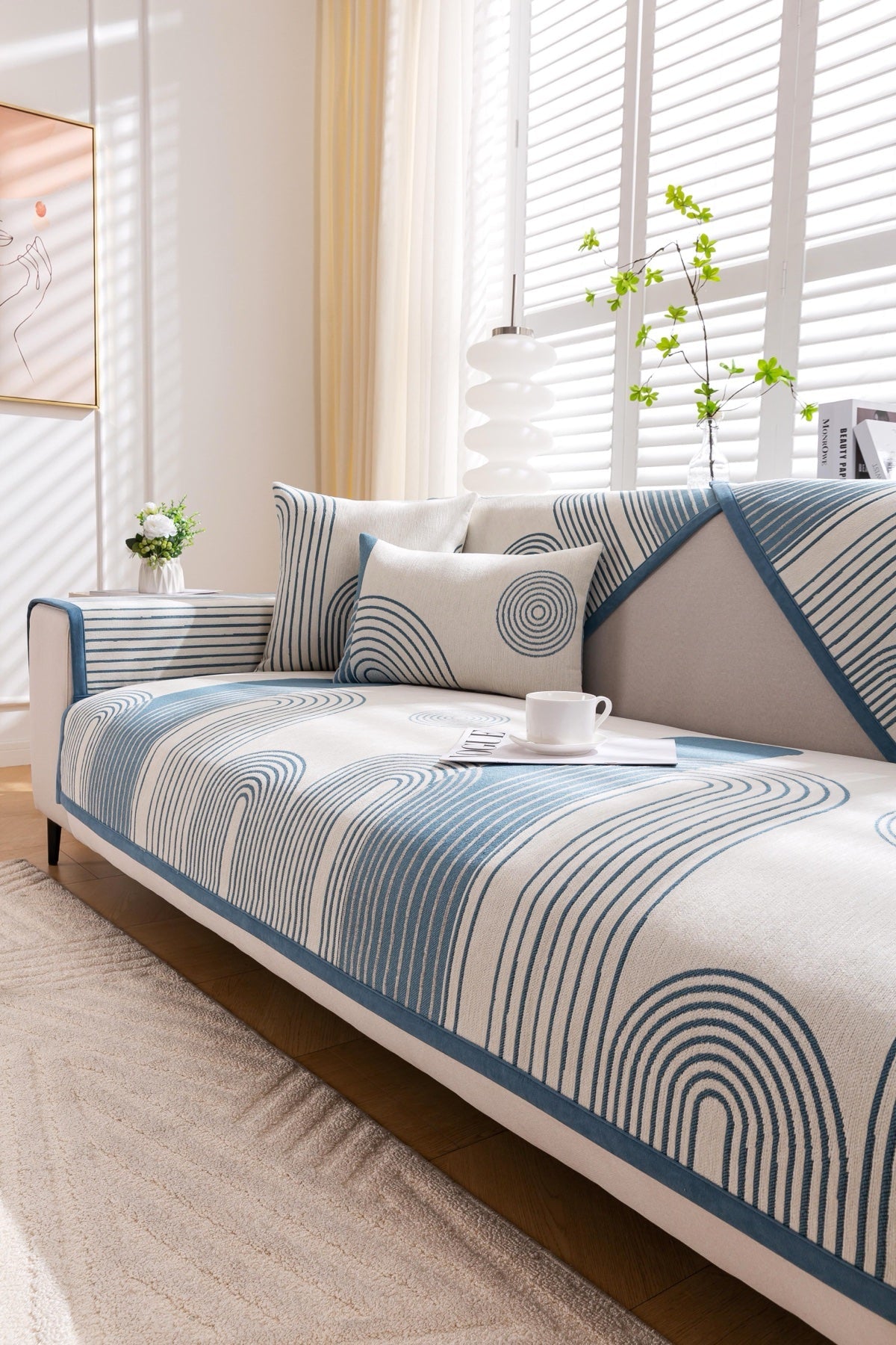 Decor Cedar Arcadia Arch Line Sofa Cover in Blue Cream - styled sofa image for water resistant patterned couch covers in United States