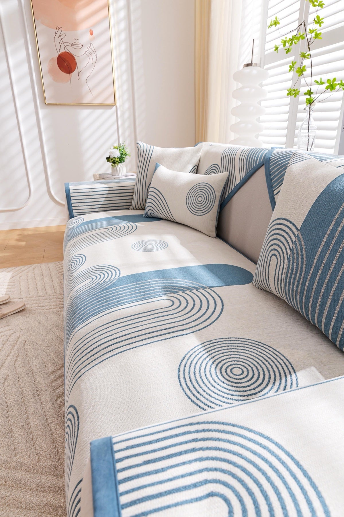Decor Cedar Arcadia Arch Line Sofa Cover in Blue Cream - styled sofa image for water resistant patterned couch covers in United States