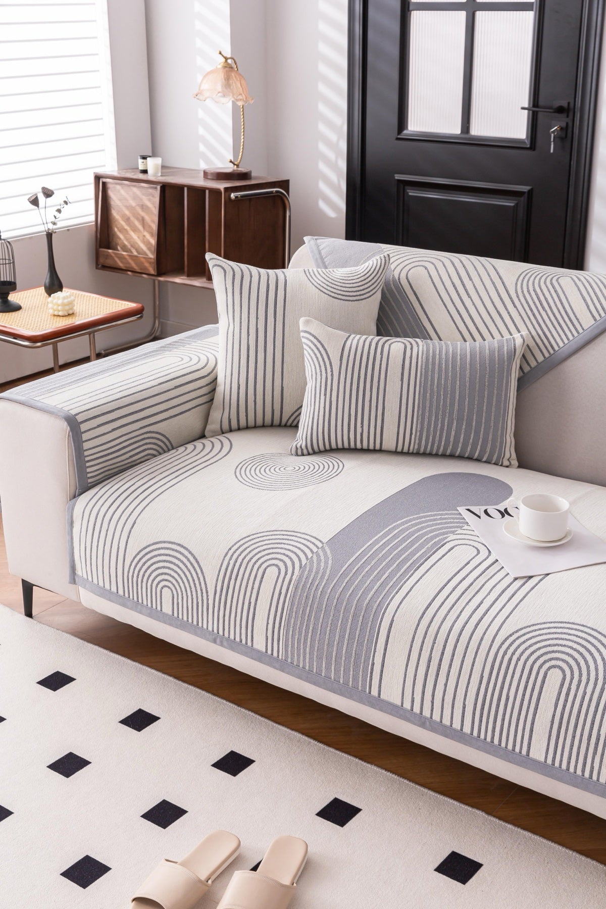 Decor Cedar Arcadia Arch Line Sofa Cover in Silver Gray - styled sofa image for water resistant patterned couch covers in United States