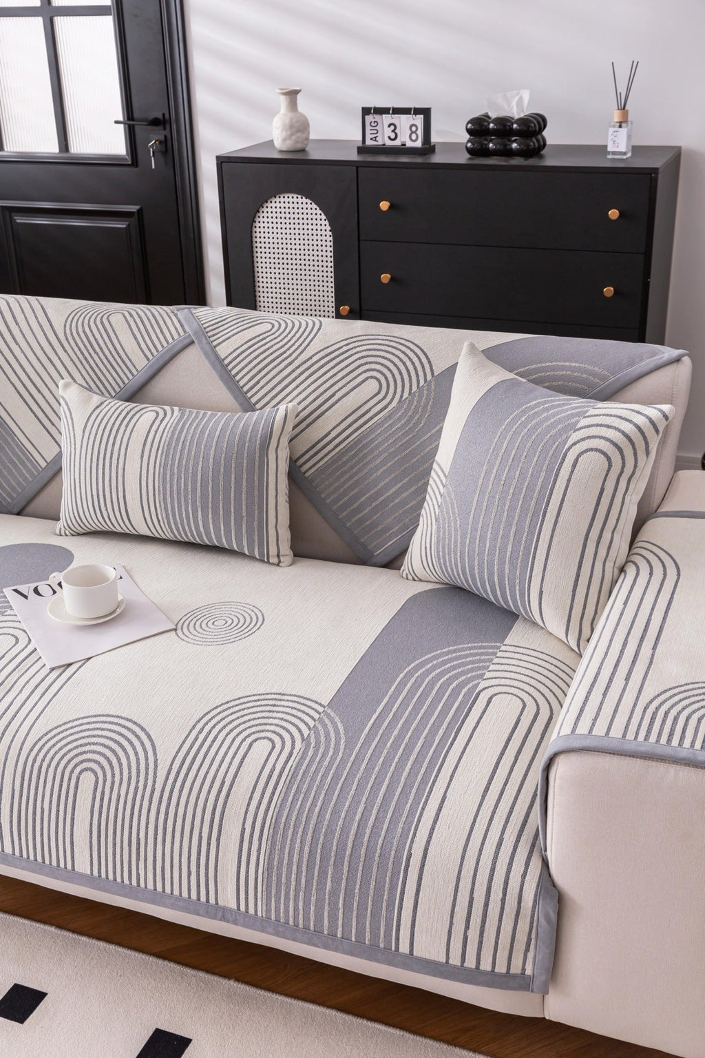 Decor Cedar Arcadia Arch Line Sofa Cover in Silver Gray - styled sofa image for water resistant patterned couch covers in United States