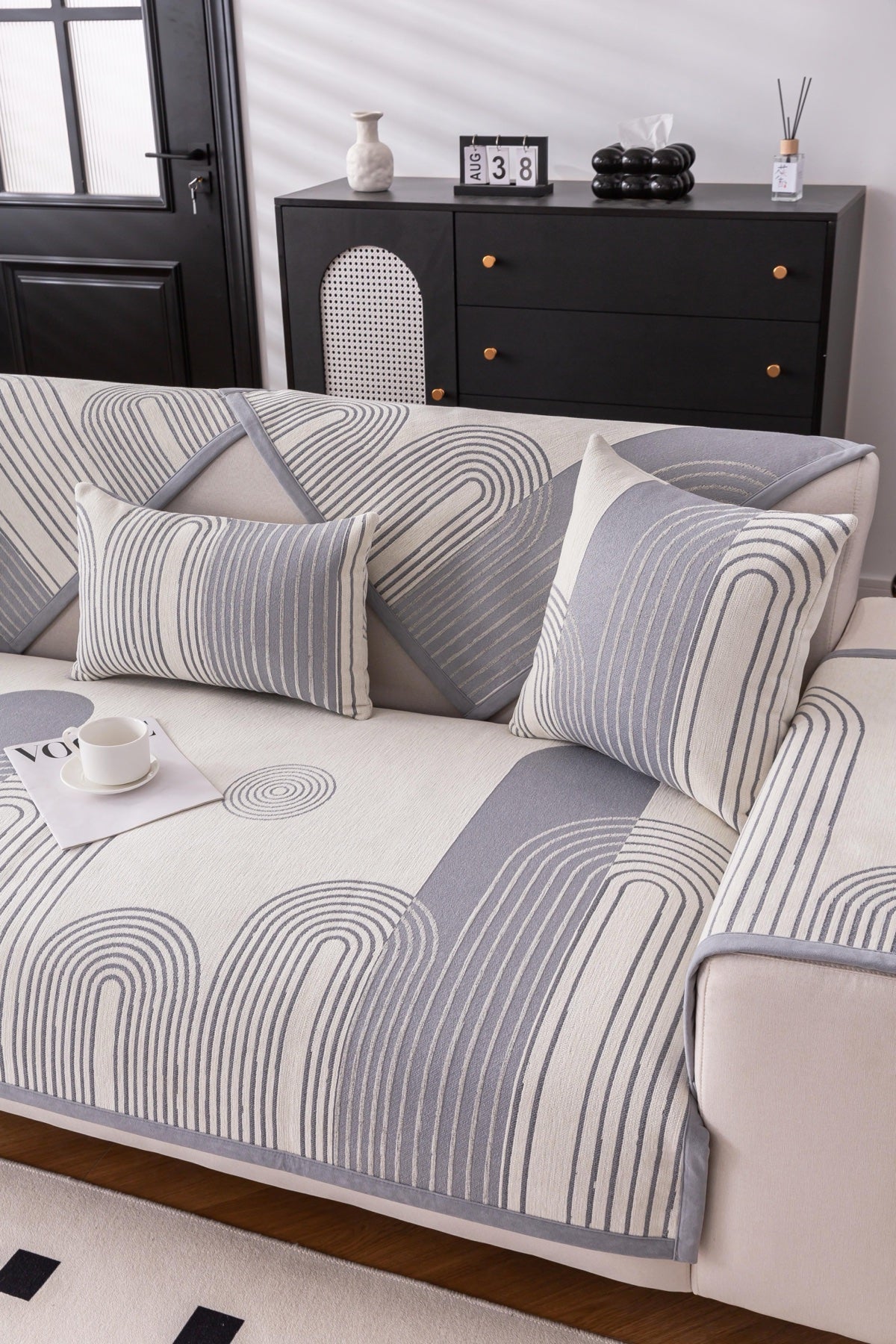 Decor Cedar Arcadia Arch Line Sofa Cover in Silver Gray - styled sofa image for water resistant patterned couch covers in United States