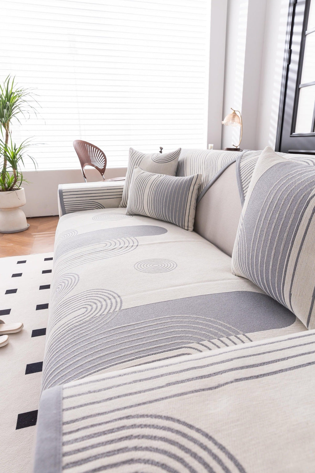Decor Cedar Arcadia Arch Line Sofa Cover in Silver Gray - styled sofa image for water resistant patterned couch covers in United States