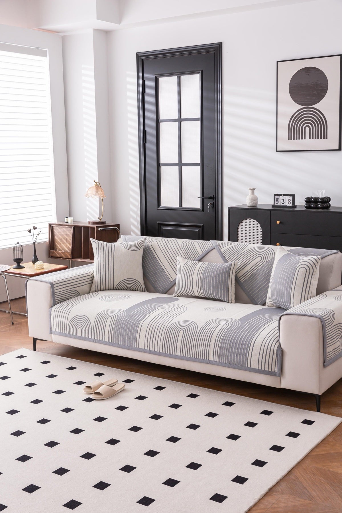 Decor Cedar Arcadia Arch Line Sofa Cover in Silver Gray - styled sofa image for water resistant patterned couch covers in United States