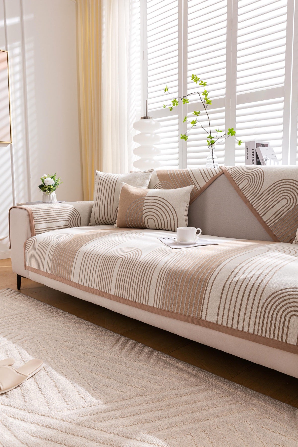 Decor Cedar Arcadia Arch Line Sofa Cover in Taupe Cream - styled sofa image for water resistant patterned couch covers in United States