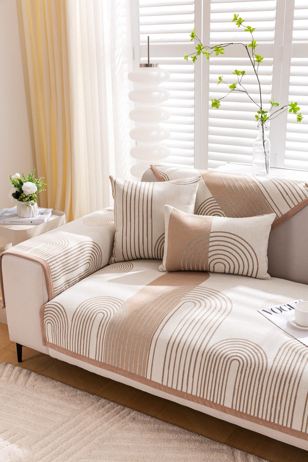 Decor Cedar Arcadia Arch Line Sofa Cover in Taupe Cream - styled sofa image for water resistant patterned couch covers in United States
