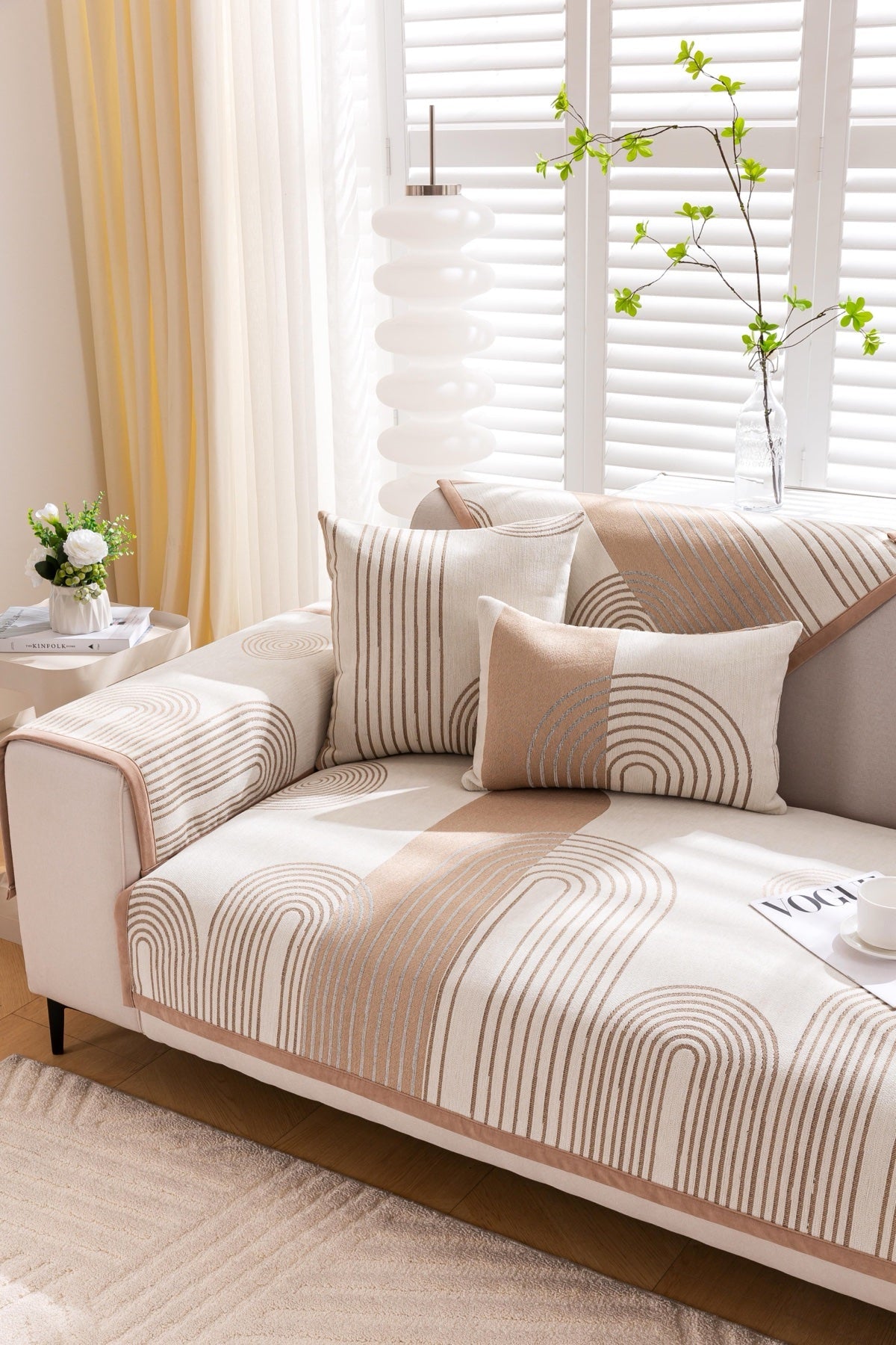 Decor Cedar Arcadia Arch Line Sofa Cover in Taupe Cream - styled sofa image for water resistant patterned couch covers in United States