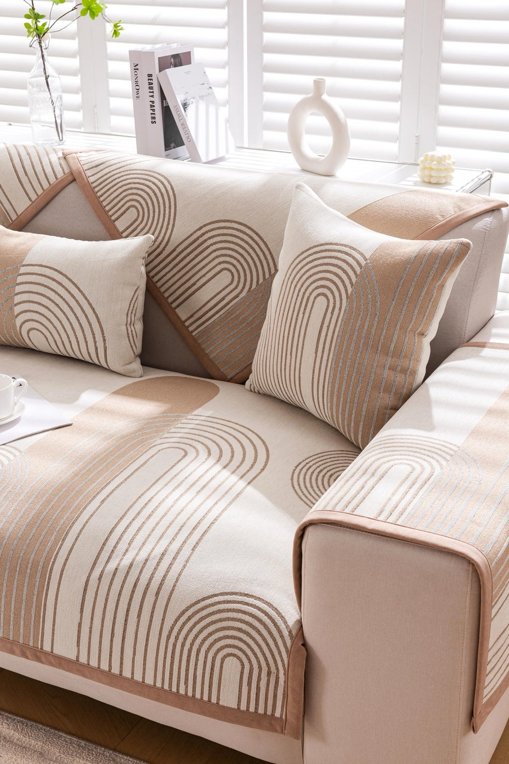 Decor Cedar Arcadia Arch Line Sofa Cover in Taupe Cream - styled sofa image for water resistant patterned couch covers in United States