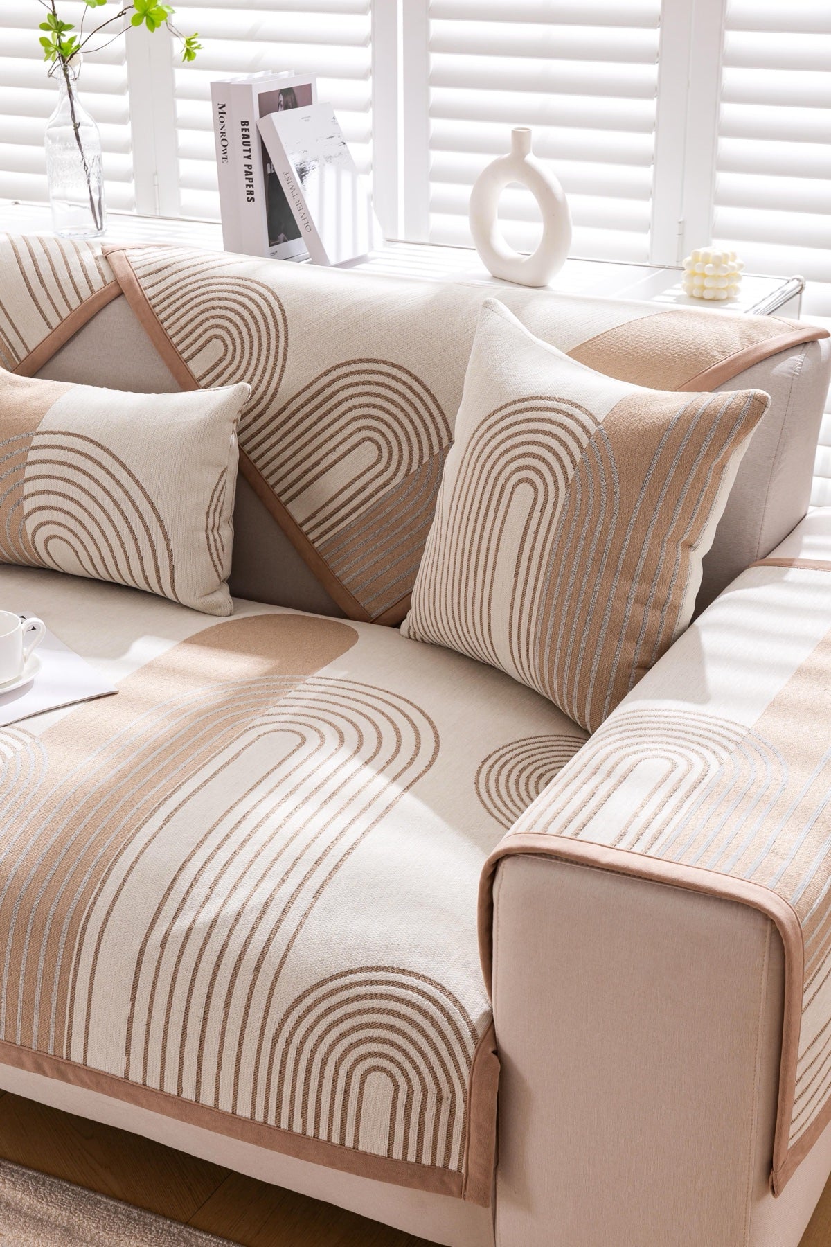 Decor Cedar Arcadia Arch Line Sofa Cover in Taupe Cream - styled sofa image for water resistant patterned couch covers in United States
