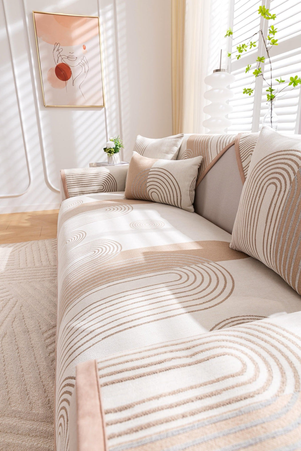 Decor Cedar Arcadia Arch Line Sofa Cover in Taupe Cream - styled sofa image for water resistant patterned couch covers in United States