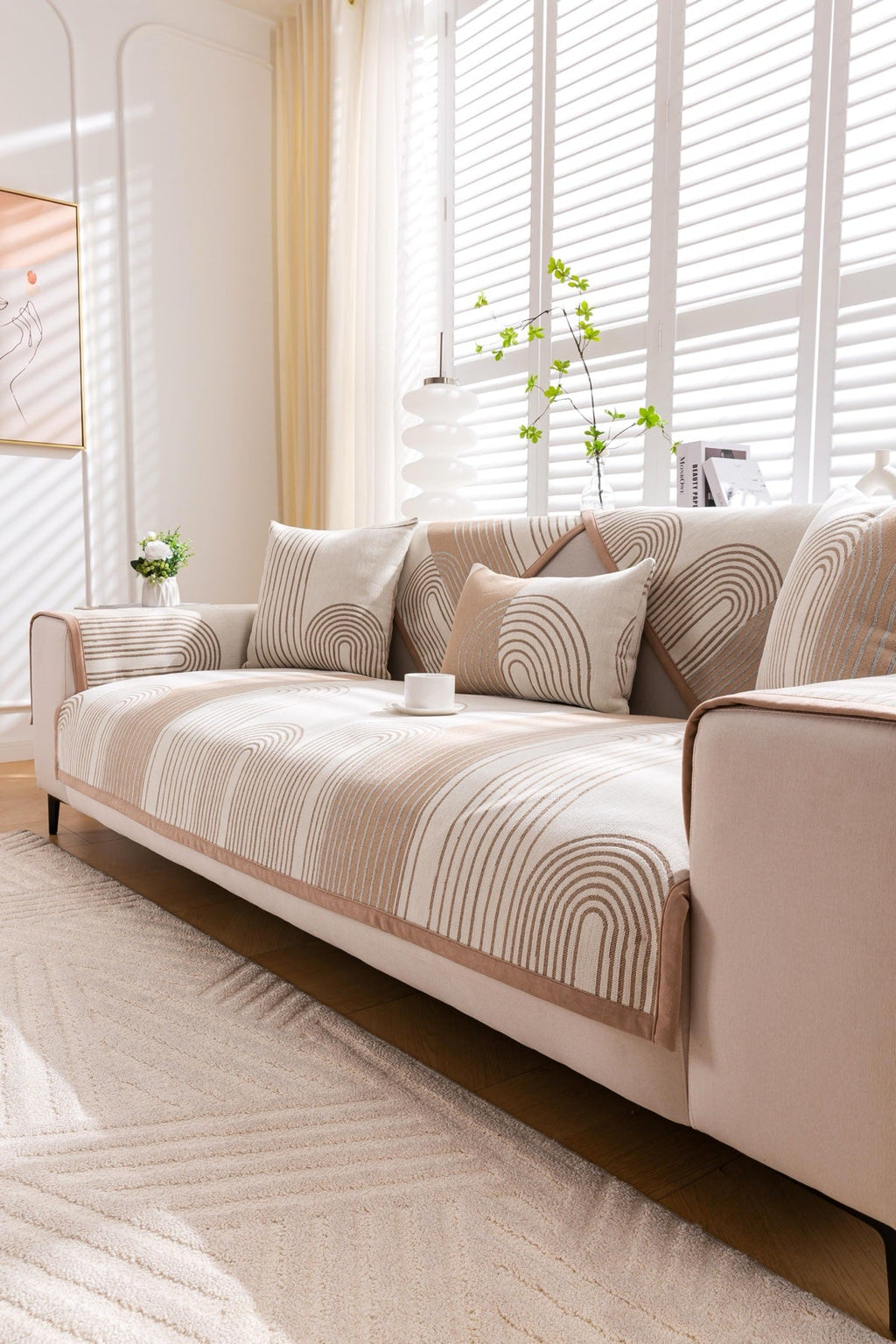Decor Cedar Arcadia Arch Line Sofa Cover in Taupe Cream - styled sofa image for water resistant patterned couch covers in United States