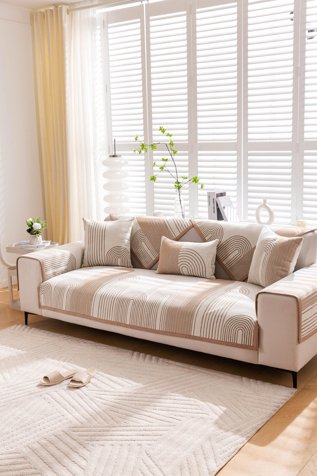 Decor Cedar Arcadia Arch Line Sofa Cover in Taupe Cream - styled sofa image for water resistant patterned couch covers in United States