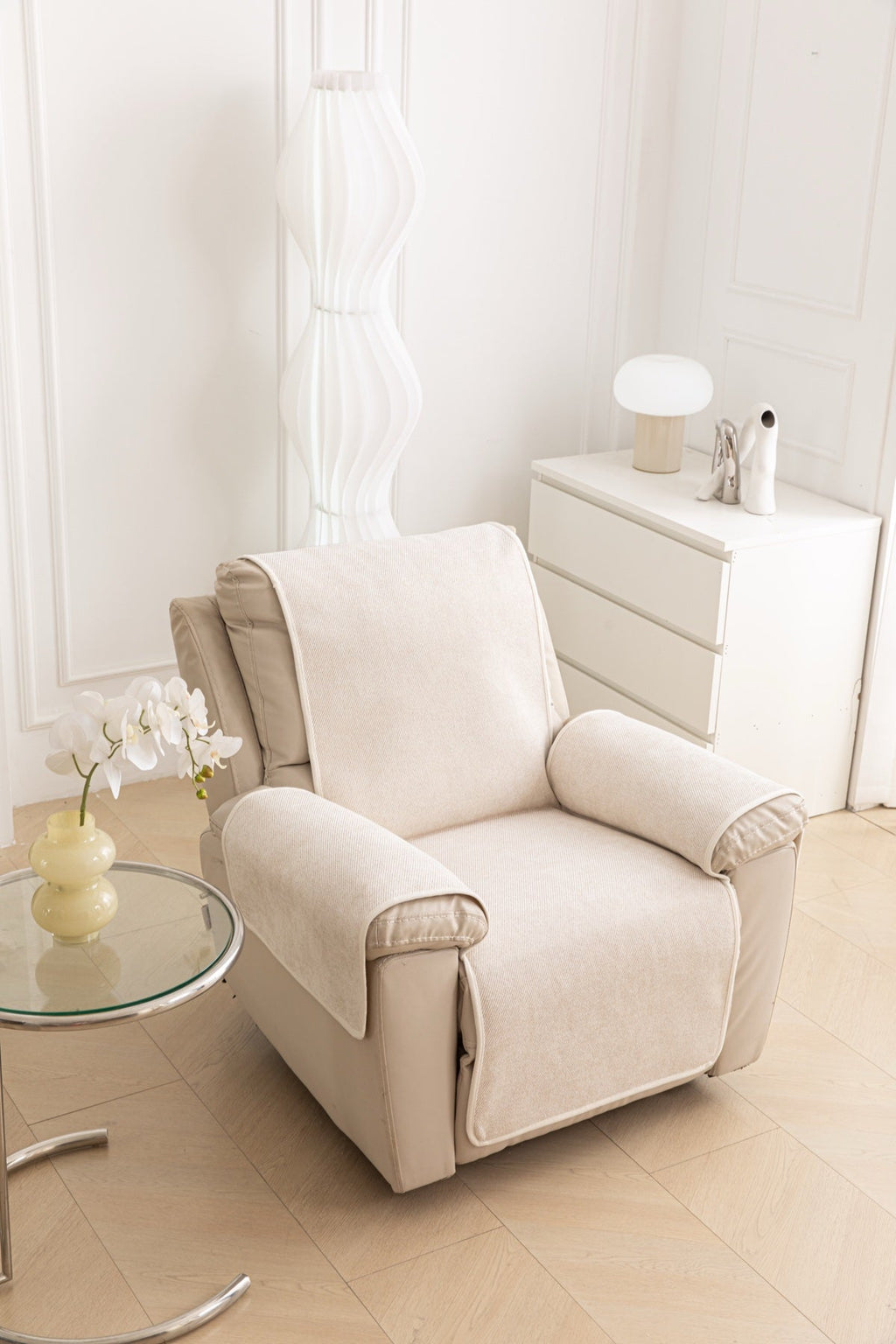 Decor Cedar Aria Textured Armchair Sofa Cover Pieces in Cream White - armchair seat back and side-rest fit view for armchair sofa cover pieces in United States, image 38