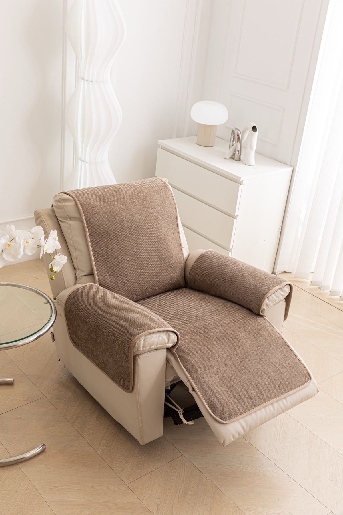 Decor Cedar Aria Textured Armchair Sofa Cover Pieces in Mocha Brown - armchair seat back and side-rest fit view for armchair sofa cover pieces in United States, image 19