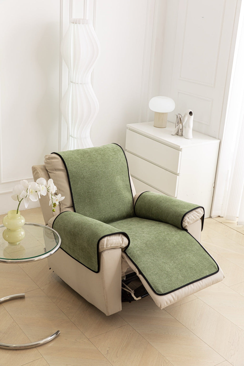Decor Cedar Aria Textured Armchair Sofa Cover Pieces in Sage Green - armchair seat back and side-rest fit view for armchair sofa cover pieces in United States, image 2