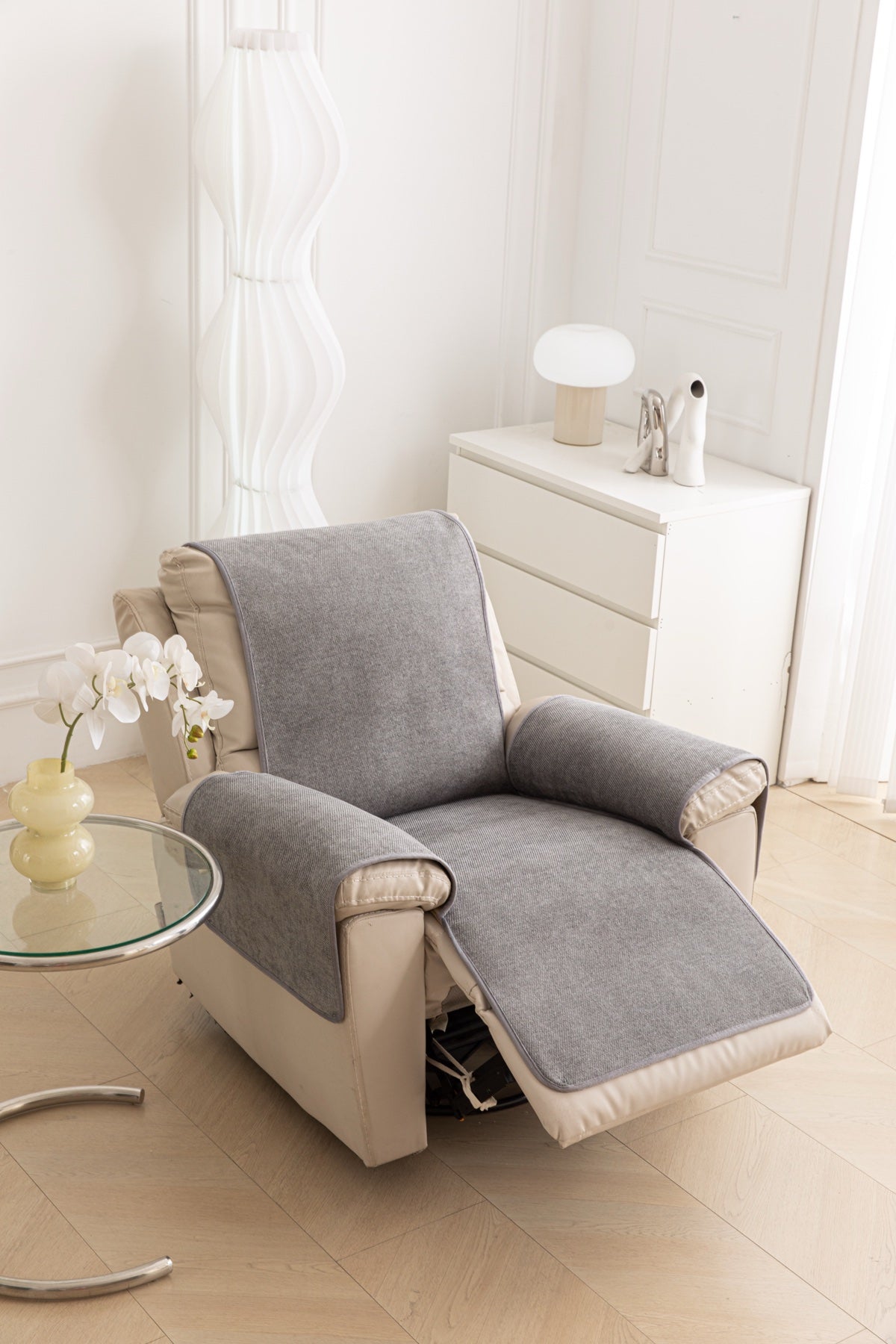 Decor Cedar Aria Textured Armchair Sofa Cover Pieces in Soft Gray - armchair seat back and side-rest fit view for armchair sofa cover pieces in United States, image 30