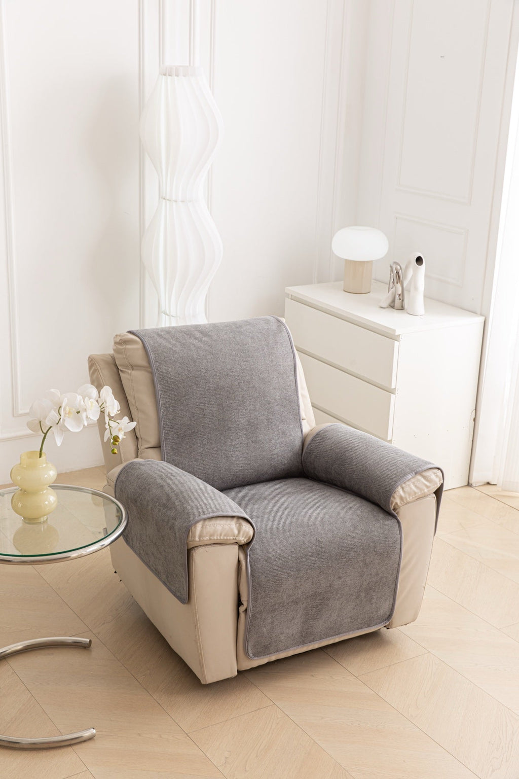 Decor Cedar Aria Textured Armchair Sofa Cover Pieces in Soft Gray - armchair seat back and side-rest fit view for armchair sofa cover pieces in United States, image 31