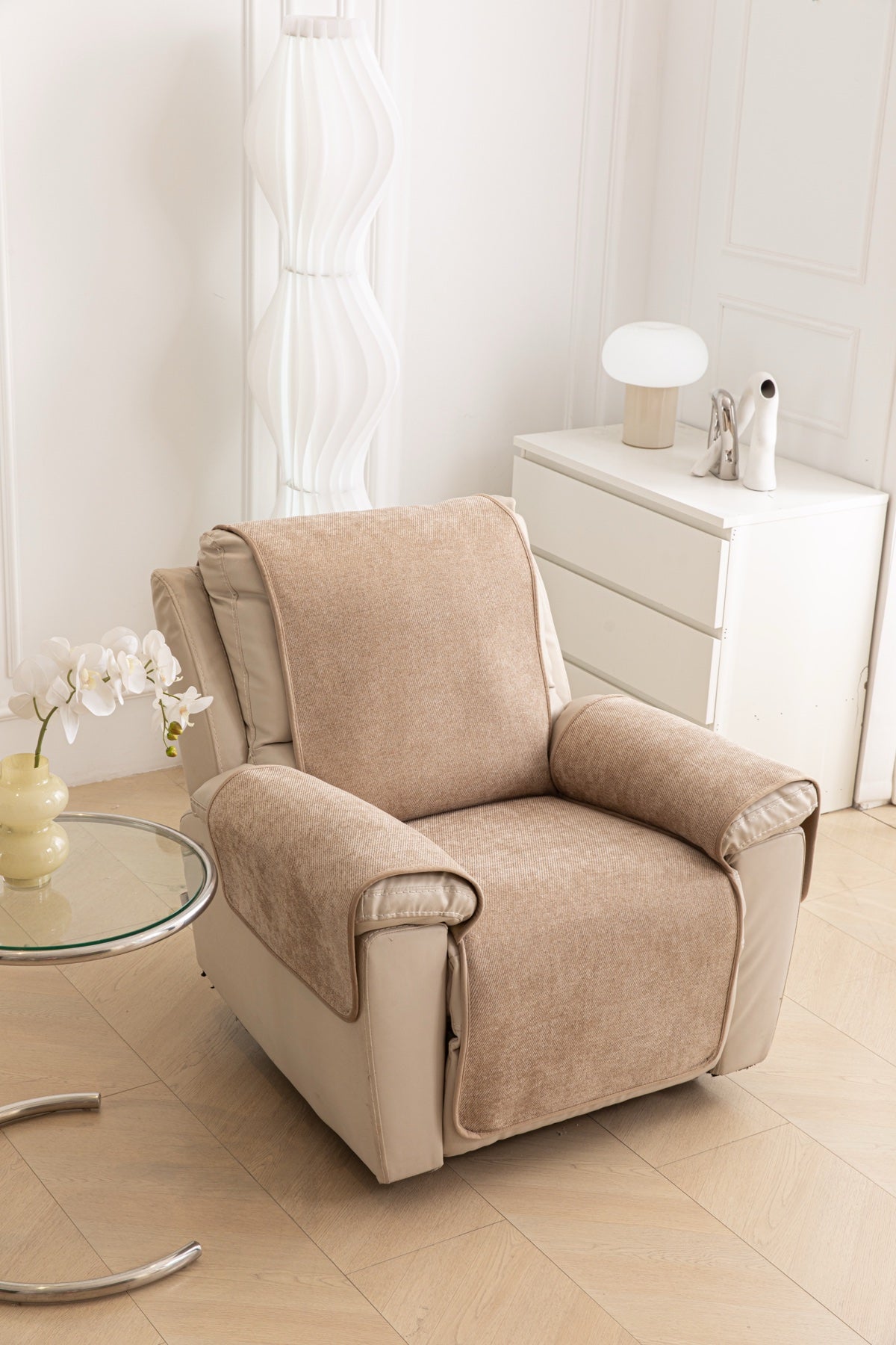 Decor Cedar Aria Textured Armchair Sofa Cover Pieces in Warm Taupe - armchair seat back and side-rest fit view for armchair sofa cover pieces in United States, image 11