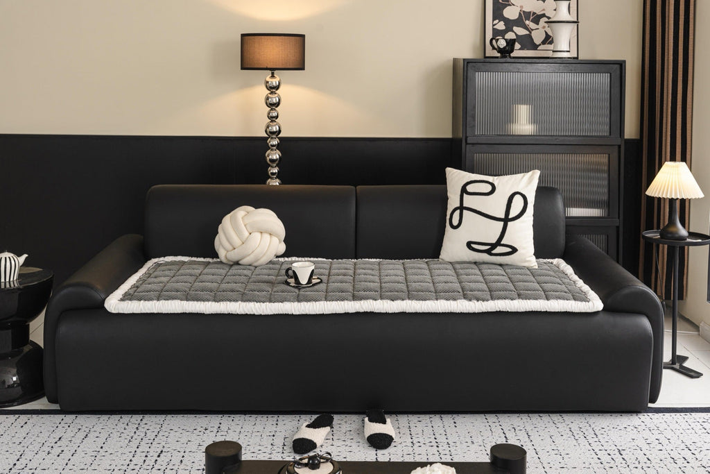 Decor Cedar Aspen Quilted Sherpa Sofa Seat Cover in Charcoal Gray Sherpa - front sofa seat fit view for quilted sofa seat covers in United States