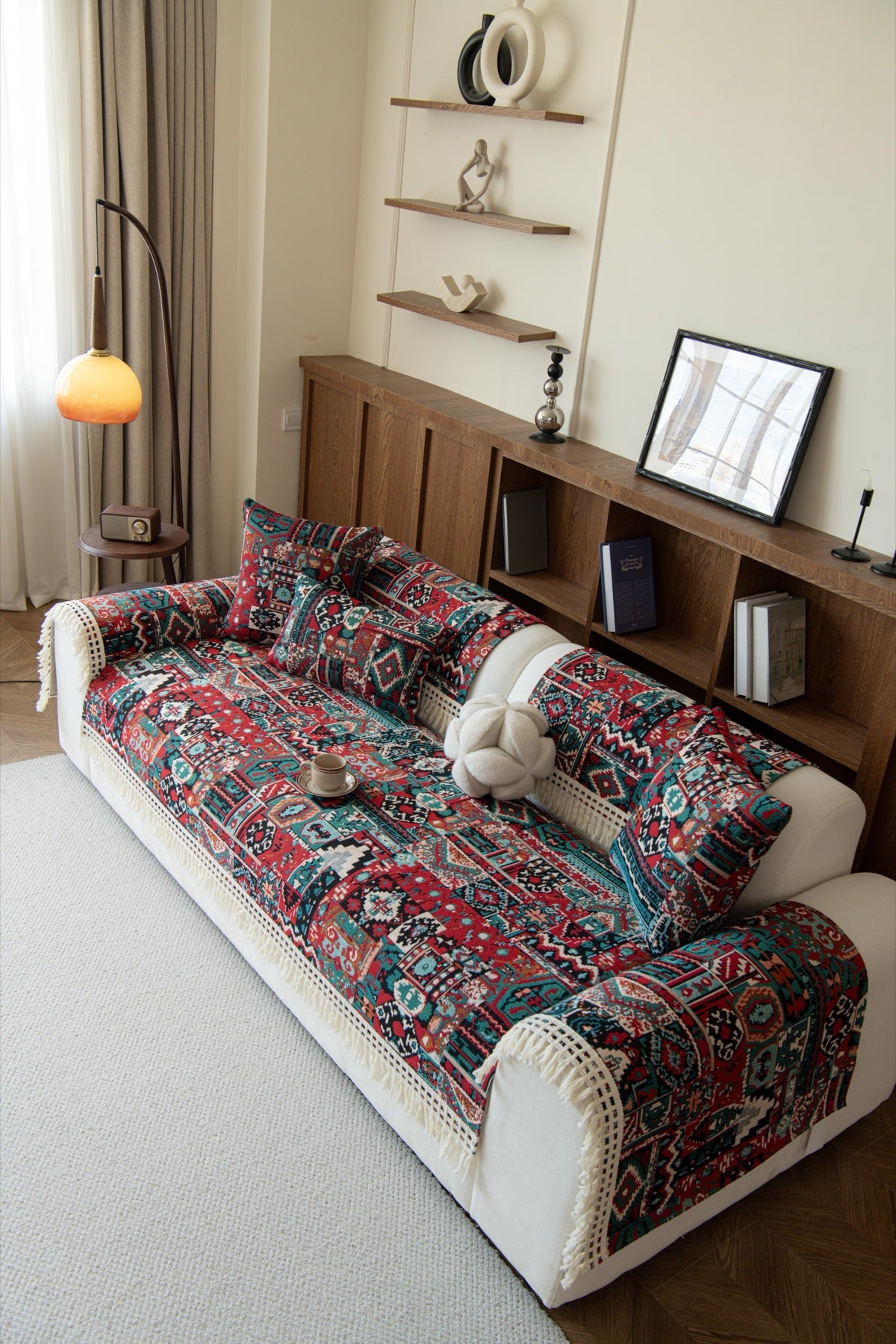 Decor Cedar Atlas Kilim Fringe Sofa Cover Piece - styled sofa fit view for kilim fringe sofa cover piece in United States, image 4