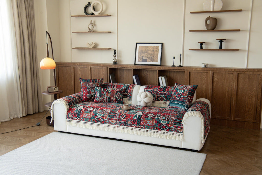 Decor Cedar Atlas Kilim Fringe Sofa Cover Piece - styled sofa fit view for kilim fringe sofa cover piece in United States, image 6
