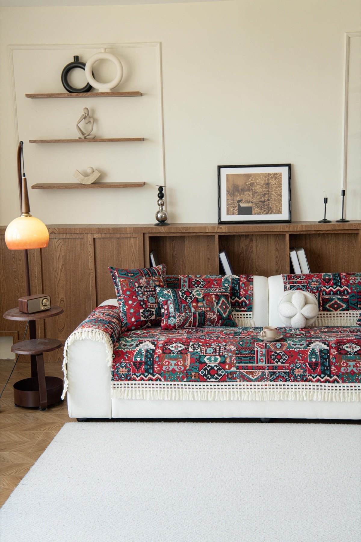Decor Cedar Atlas Kilim Fringe Sofa Cover Piece - styled sofa fit view for kilim fringe sofa cover piece in United States, image 7